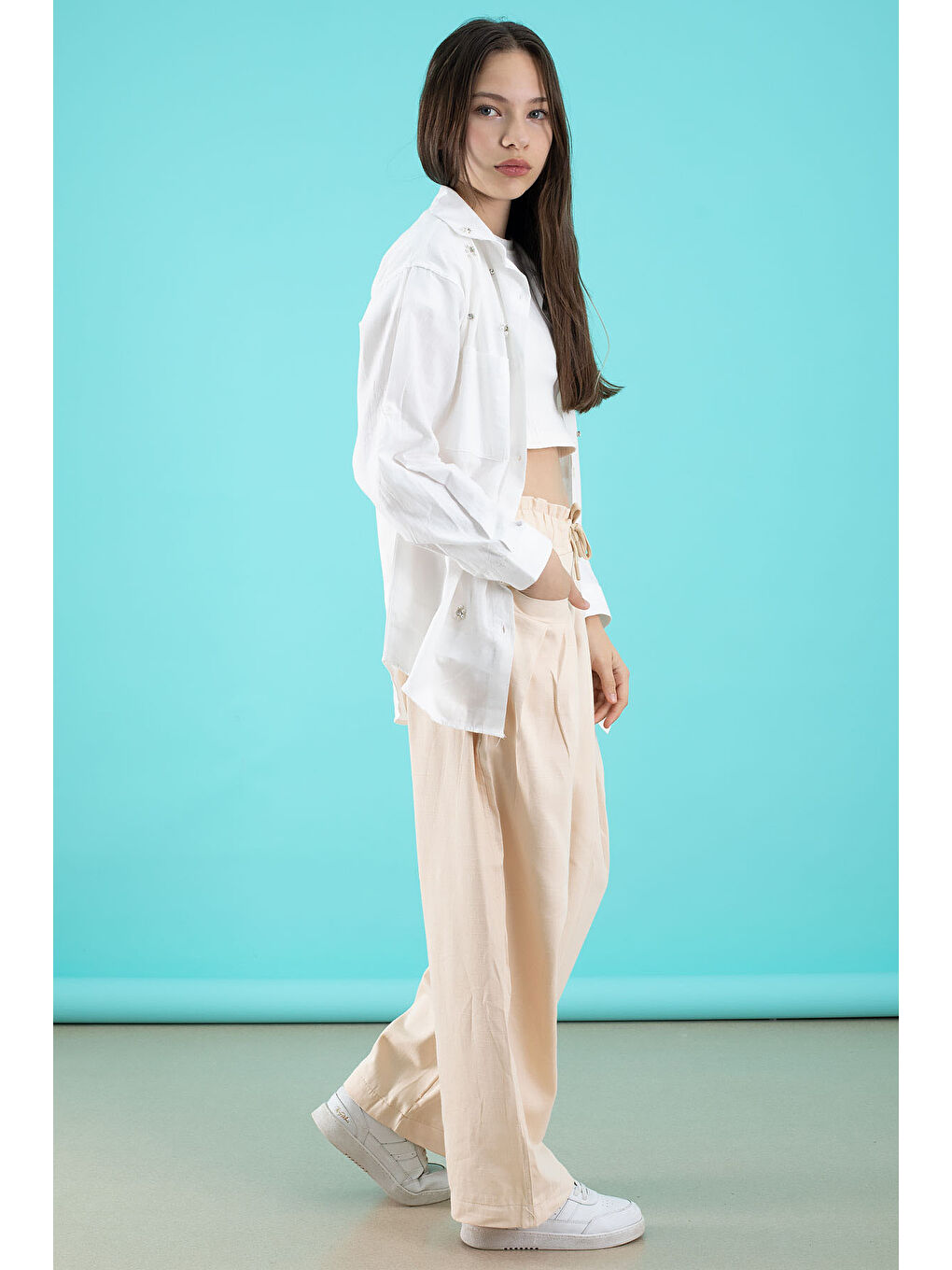 Ekru Krem Kız Çocuk Croplu Taşlı Gömlek ve Pantolonlu 3'lü Takım 20509-3