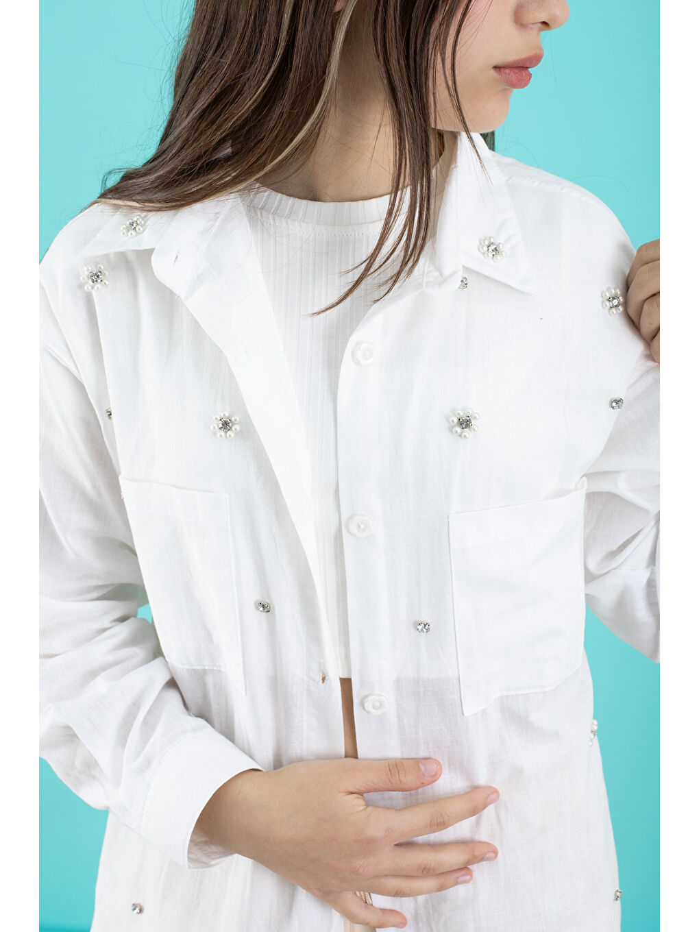 Ekru Krem Kız Çocuk Croplu Taşlı Gömlek ve Pantolonlu 3'lü Takım 20509-4