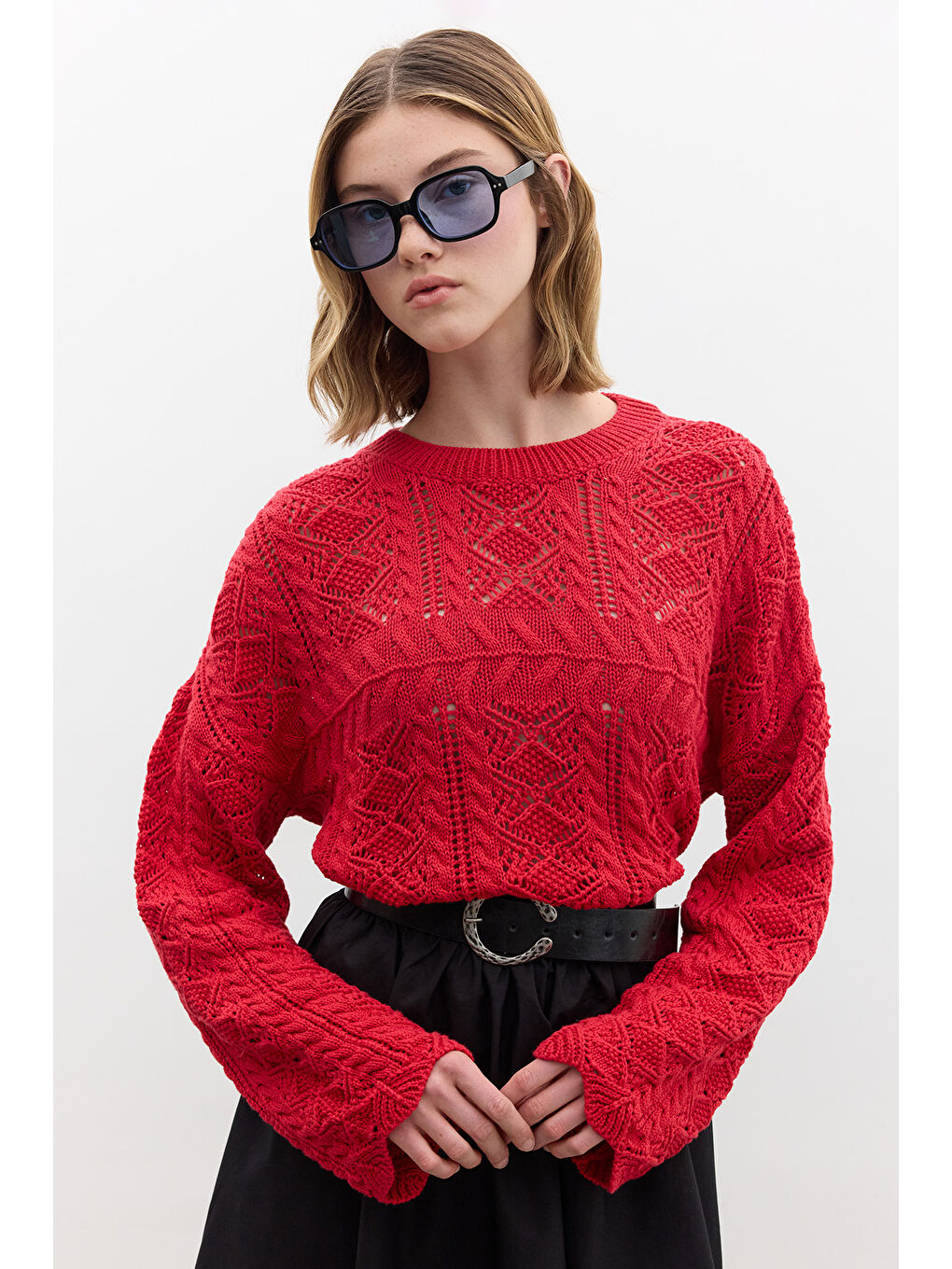 Ajurlu Triko Kazak Kırmızı-1