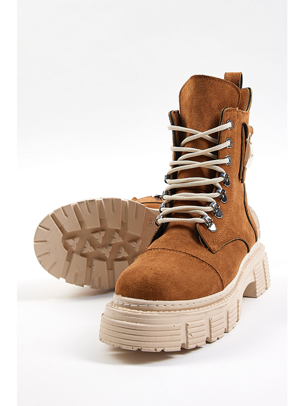 Kahverengi Kadın Taba Süet Rahat Kalıp Yüksek Taban Tokalı Bağcıklı ve Fermuarlı Bot-1