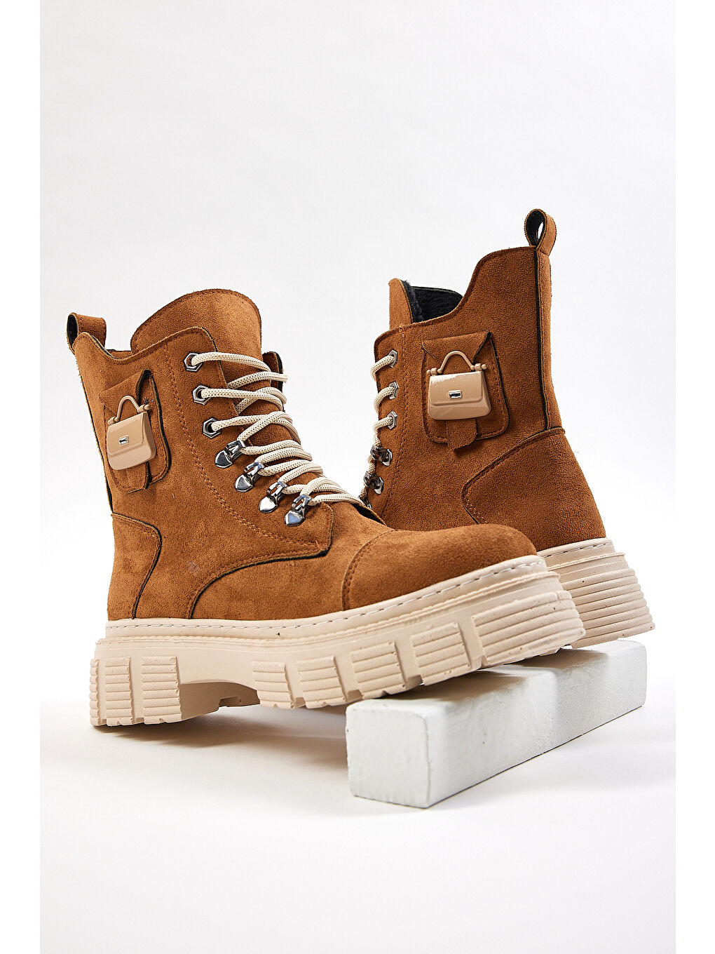 Kahverengi Kadın Taba Süet Rahat Kalıp Yüksek Taban Tokalı Bağcıklı ve Fermuarlı Bot-2