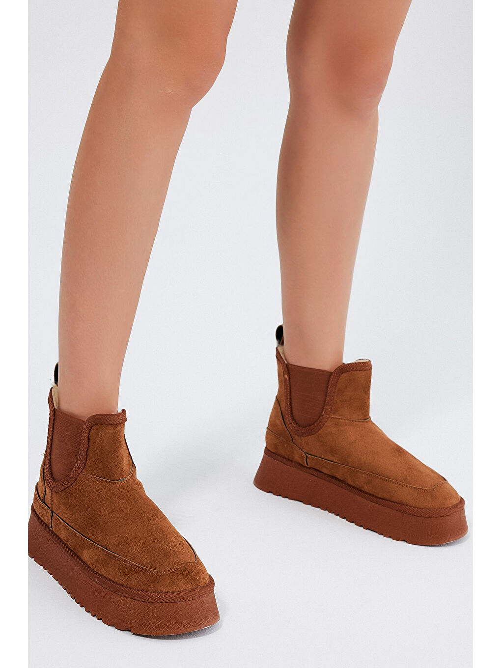 Kahverengi Kadın Taba Süet Rahat Kalıp Lastikli Kürklü Süet Bot