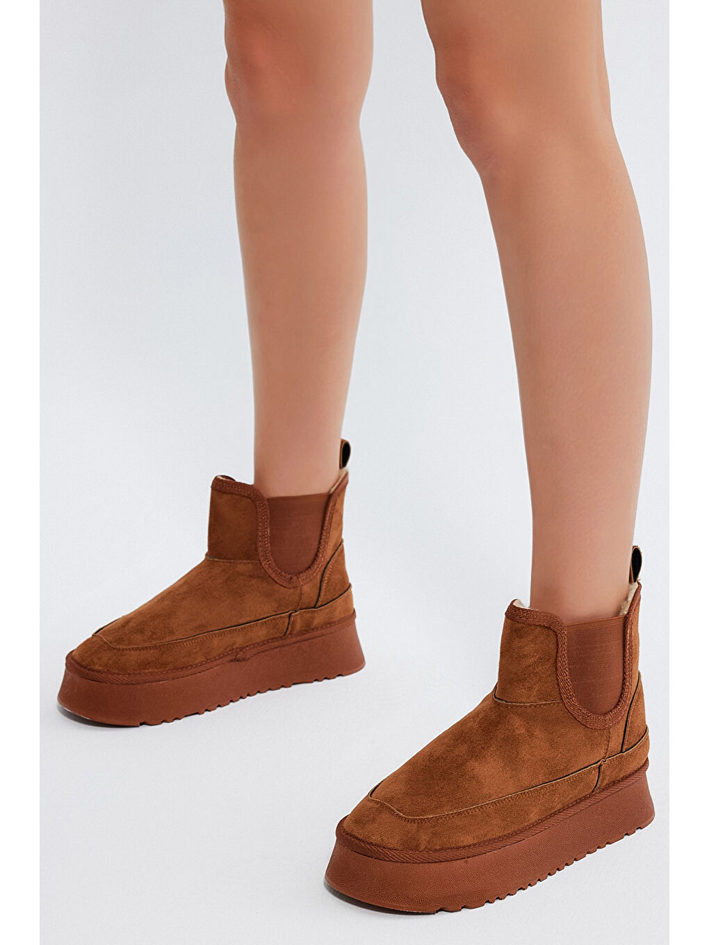 Kahverengi Kadın Taba Süet Rahat Kalıp Lastikli Kürklü Süet Bot-1