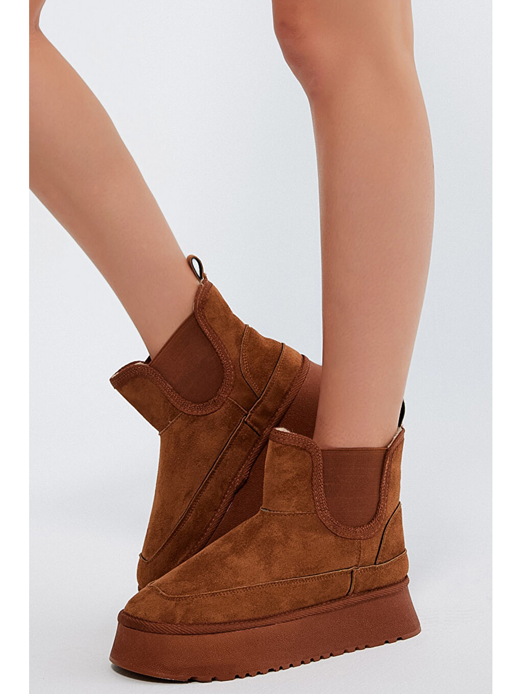 Kahverengi Kadın Taba Süet Rahat Kalıp Lastikli Kürklü Süet Bot-2