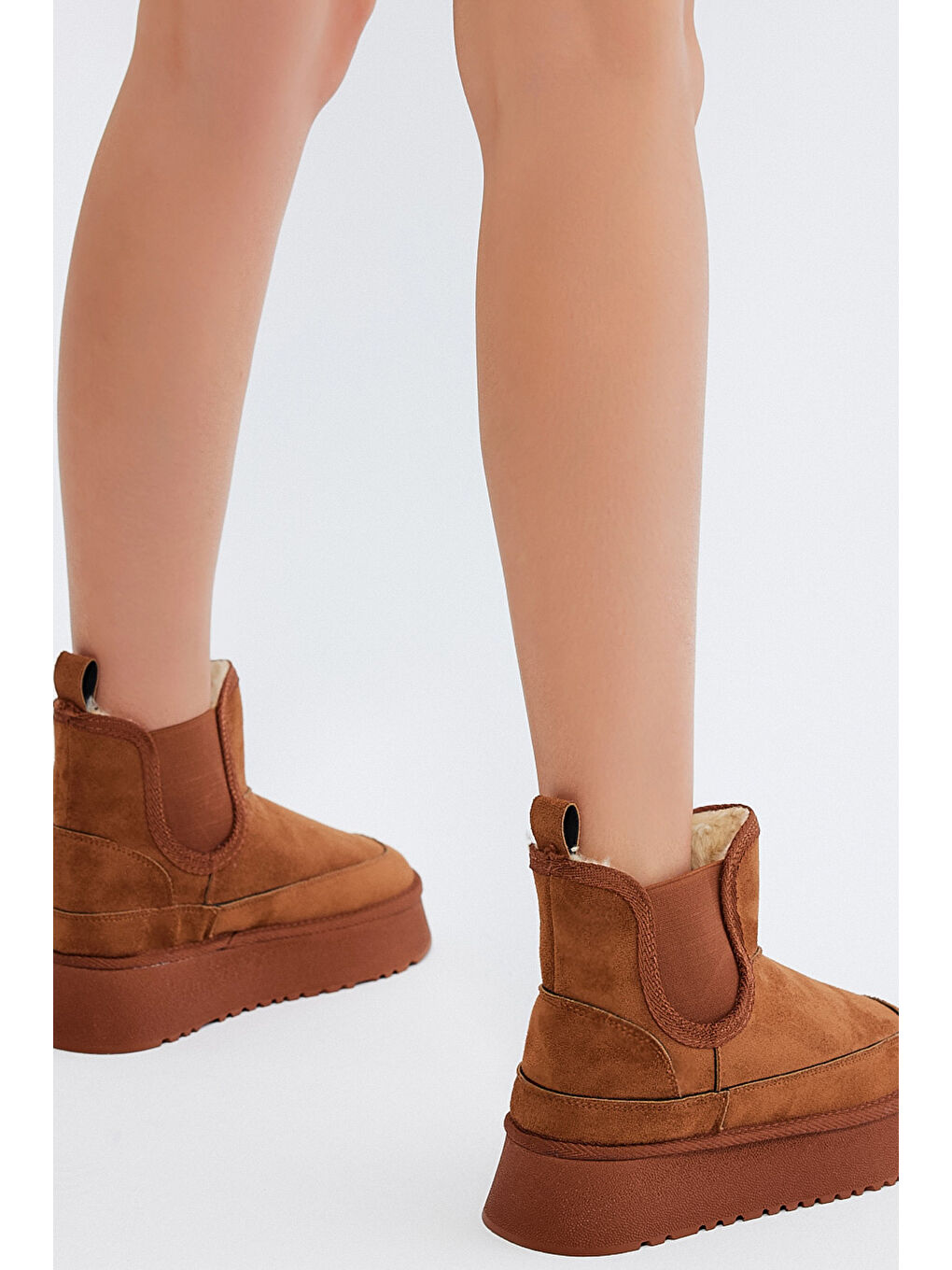 Kahverengi Kadın Taba Süet Rahat Kalıp Lastikli Kürklü Süet Bot-4