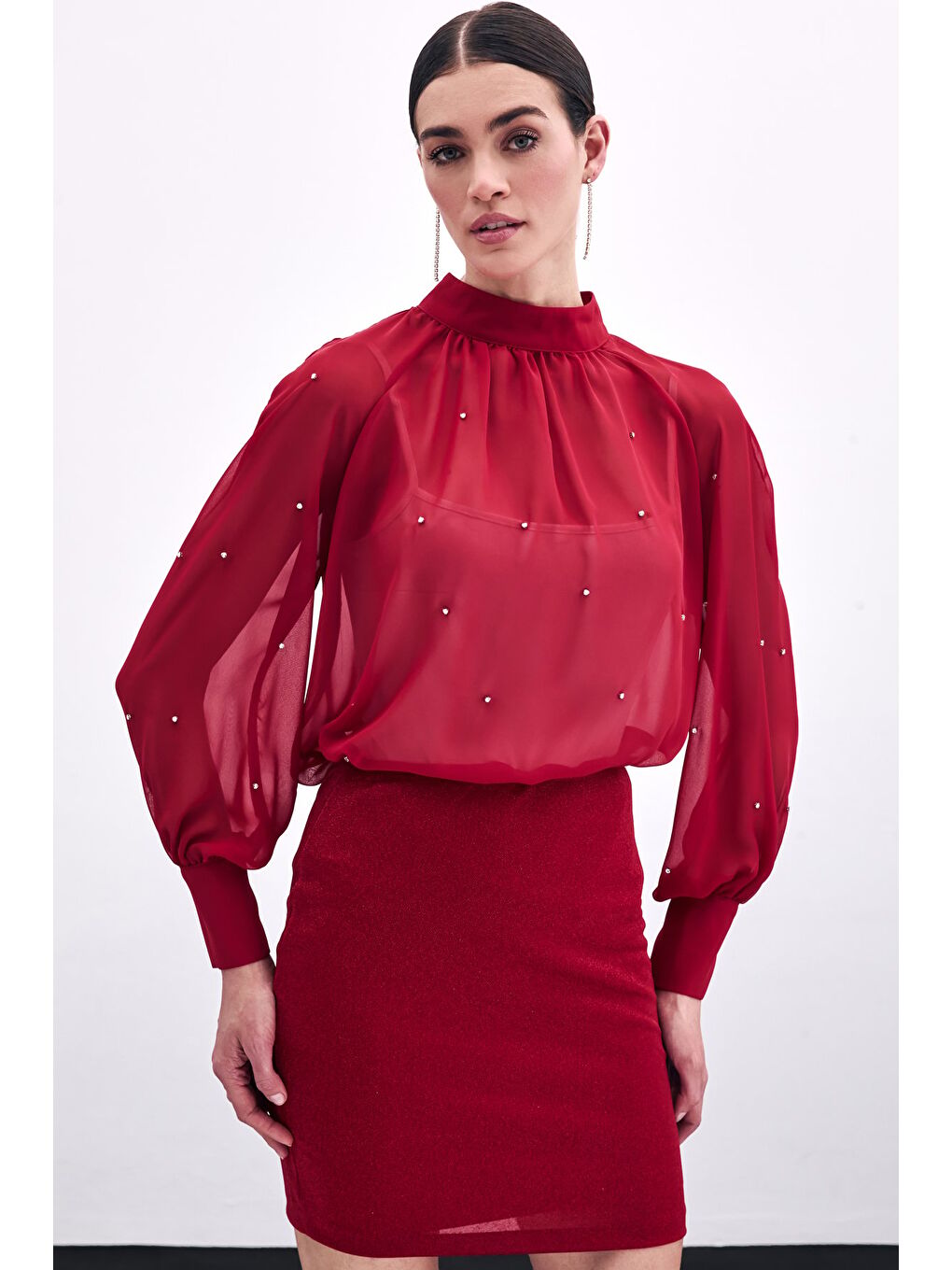 Taş Detaylı Transparan Bluz - Kırmızı