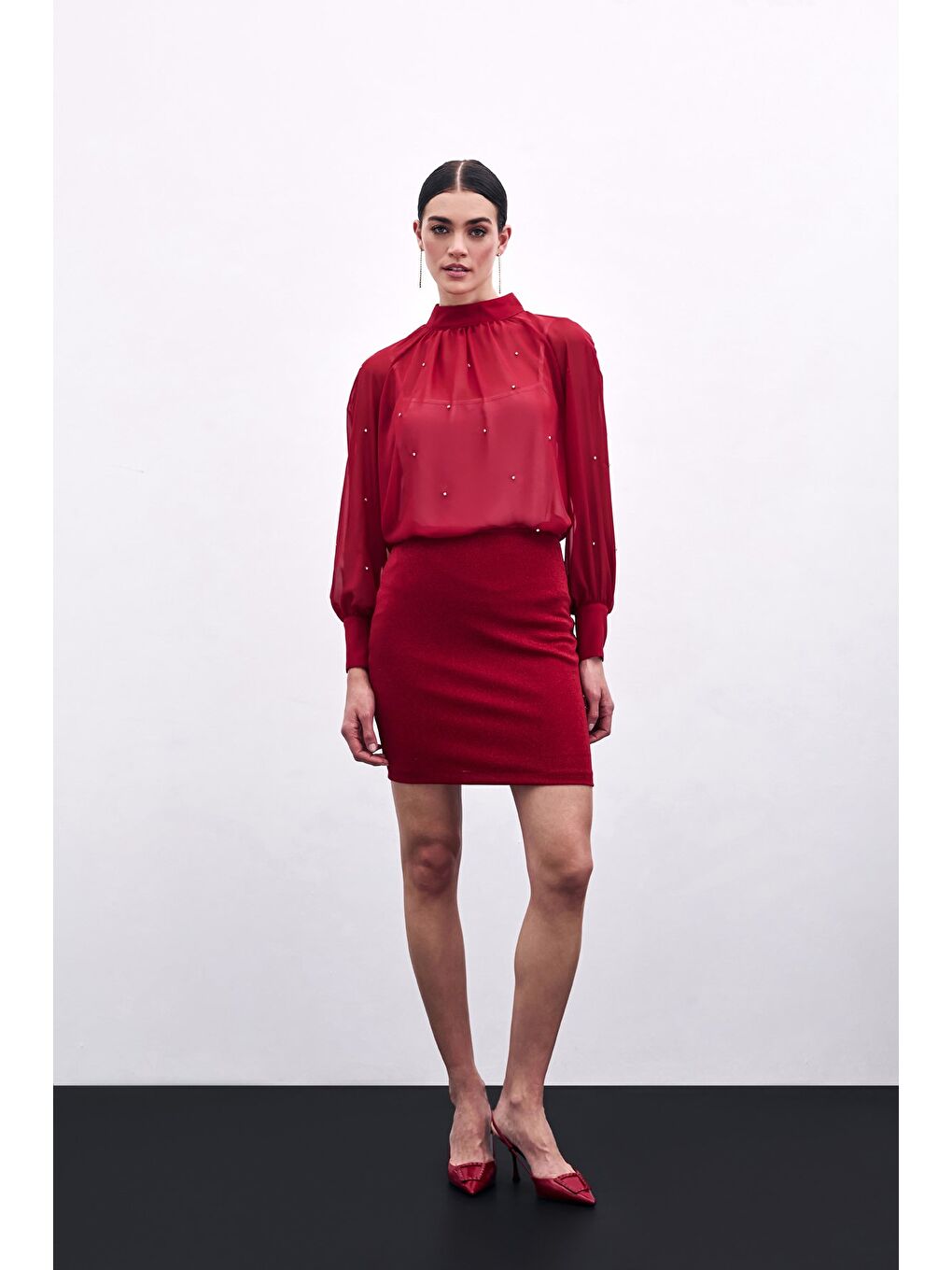 Taş Detaylı Transparan Bluz - Kırmızı-1