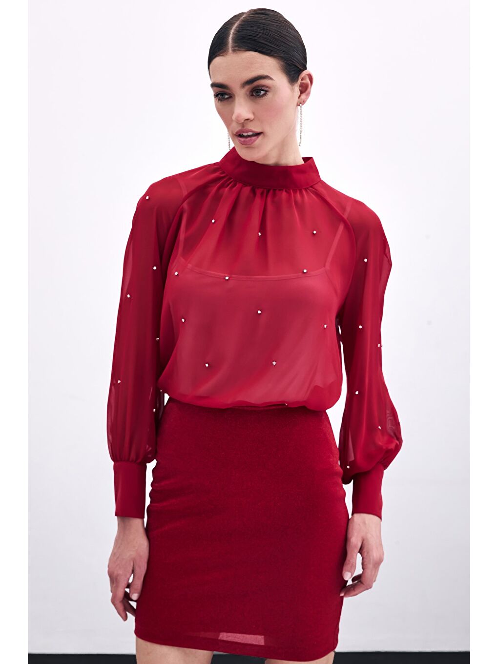 Taş Detaylı Transparan Bluz - Kırmızı-2