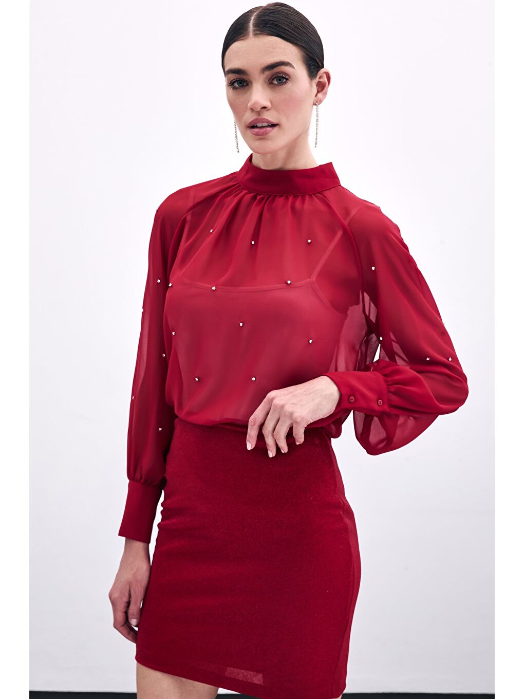 Taş Detaylı Transparan Bluz - Kırmızı-3