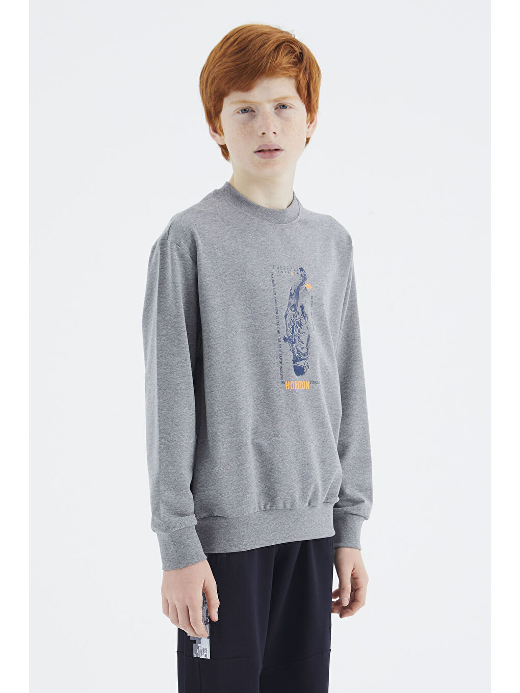 Gri Melanj Baskılı Erkek Çocuk Sweatshirt - 11174