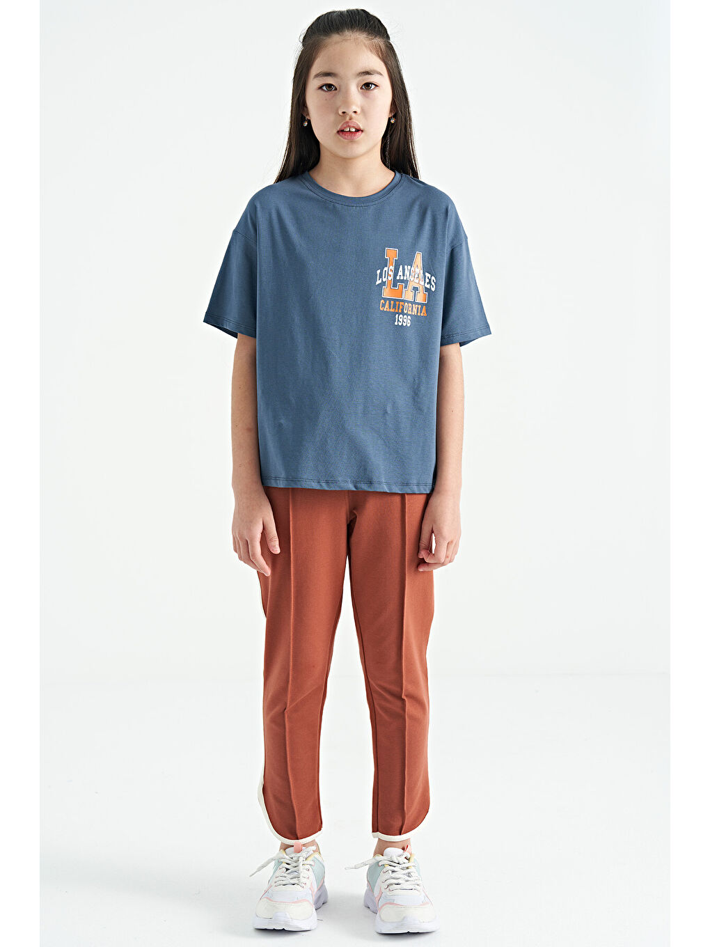 Petrol Ön Arka Baskılı O Yaka Oversize Kısa Kollu Kız Çocuk Tişört - 75127-6