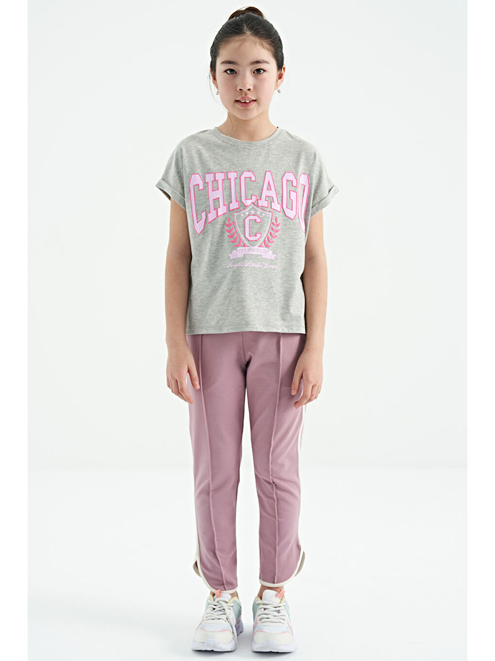 Gri Melanj O Yaka Düşük Omuzlu Rahat Form Kısa Kollu Kız Çocuk Tişört - 75128-6