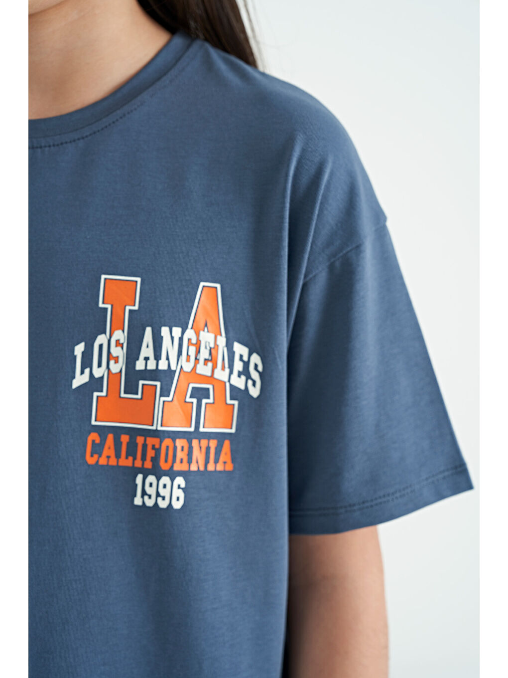 Petrol Ön Arka Baskılı O Yaka Oversize Kısa Kollu Kız Çocuk Tişört - 75127-7