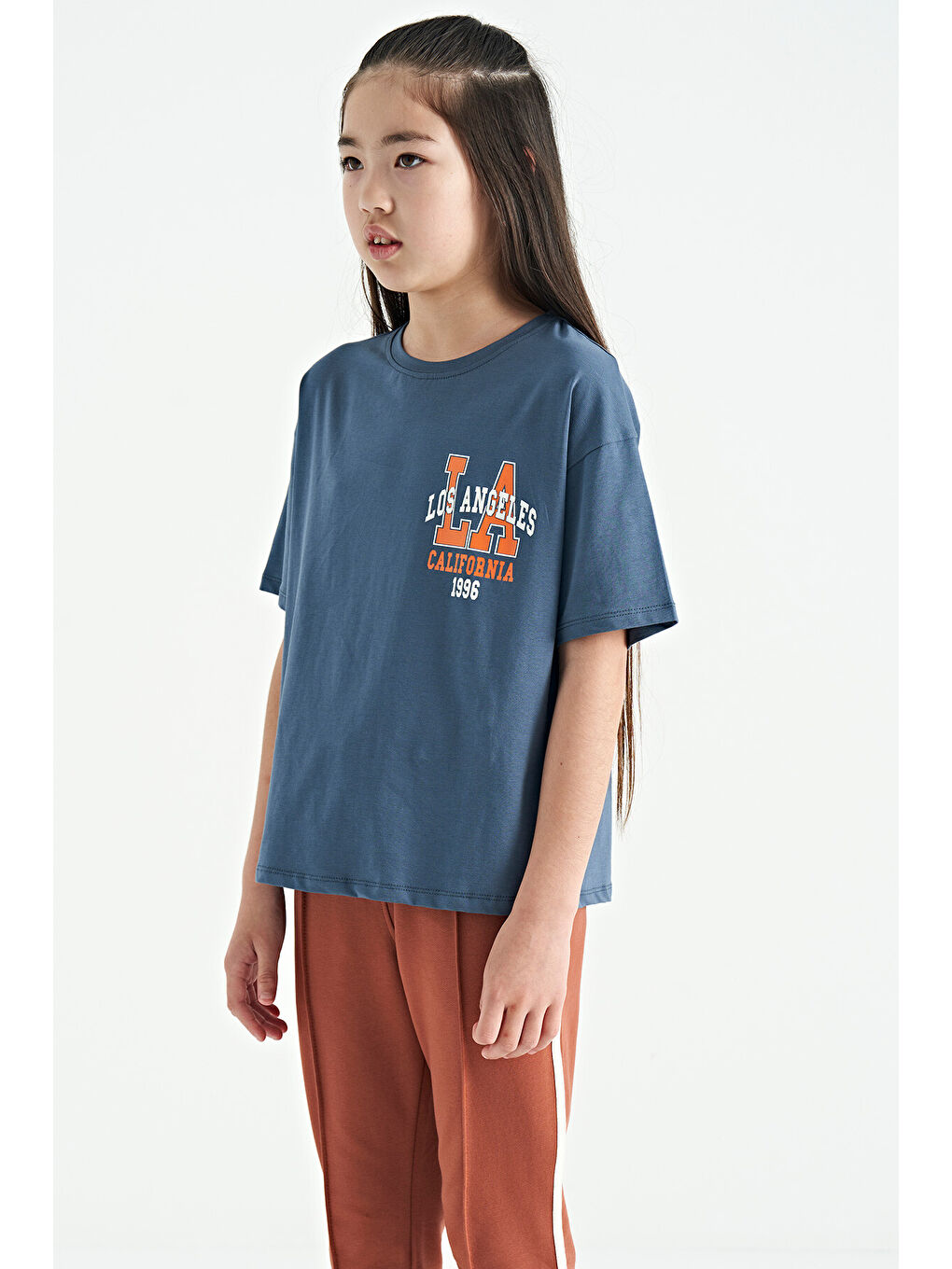 Petrol Ön Arka Baskılı O Yaka Oversize Kısa Kollu Kız Çocuk Tişört - 75127-9