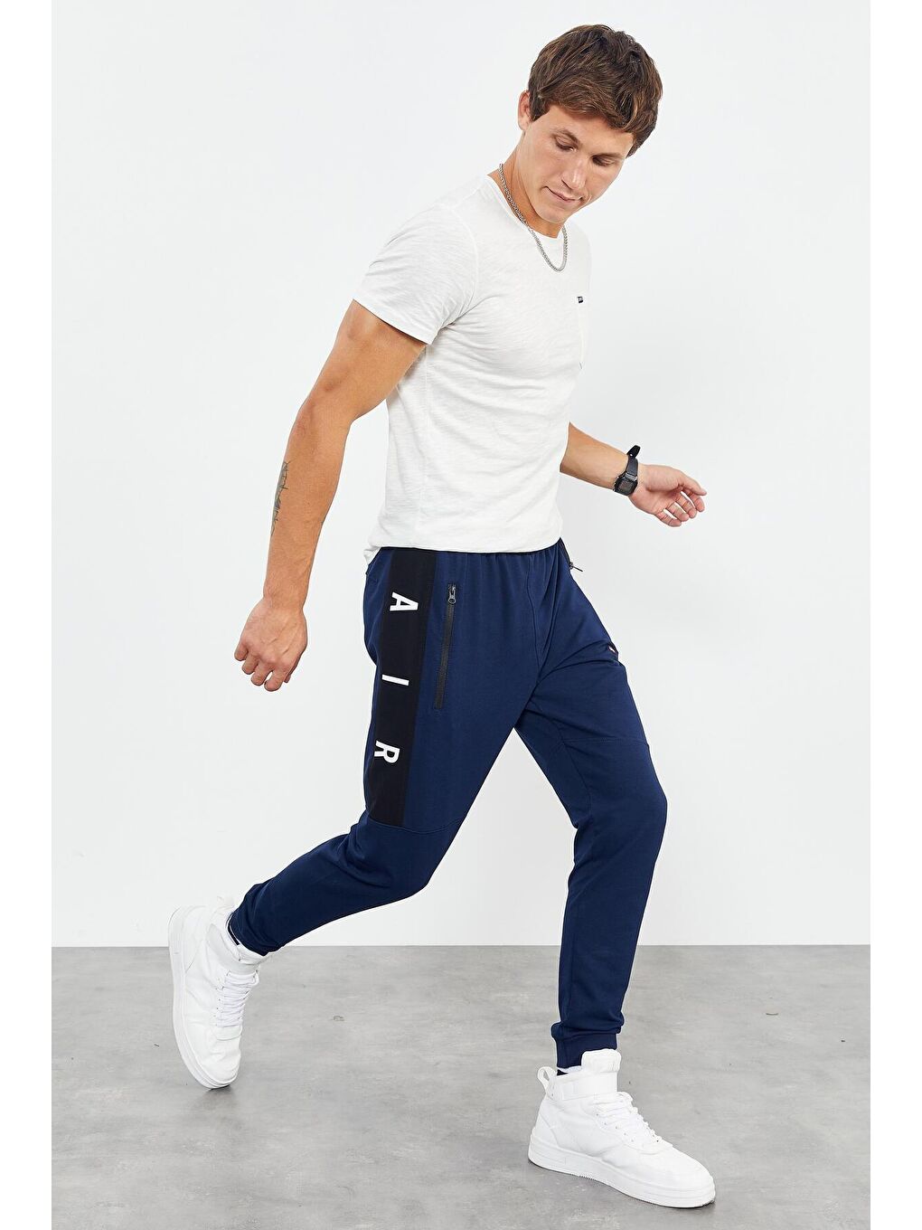 İndigo Air Baskılı Fermuar Cepli Standart Kalıp Jogger Erkek Eşofman Alt - 84587-4