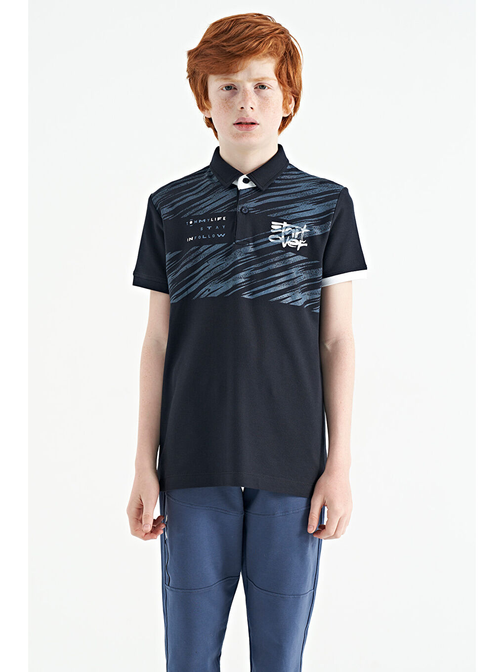 Lacivert Baskı Detaylı Pola Yaka Standart Kalıp Erkek Çocuk Tişört - 11161