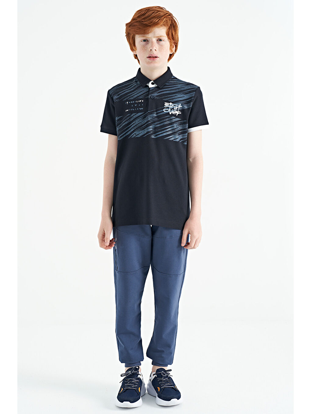 Lacivert Baskı Detaylı Pola Yaka Standart Kalıp Erkek Çocuk Tişört - 11161-1