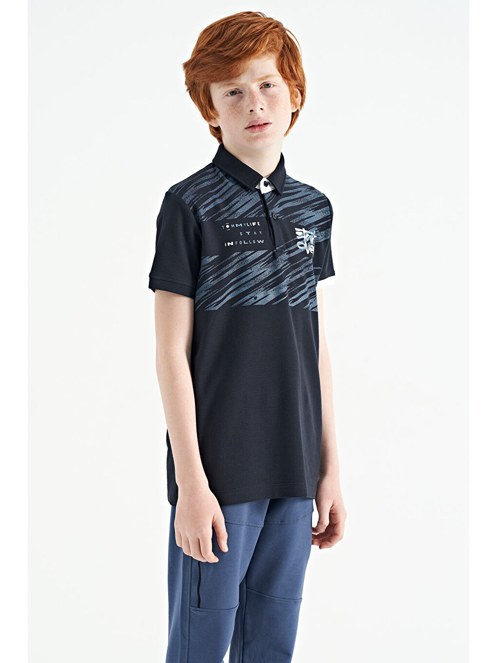 Lacivert Baskı Detaylı Pola Yaka Standart Kalıp Erkek Çocuk Tişört - 11161-3