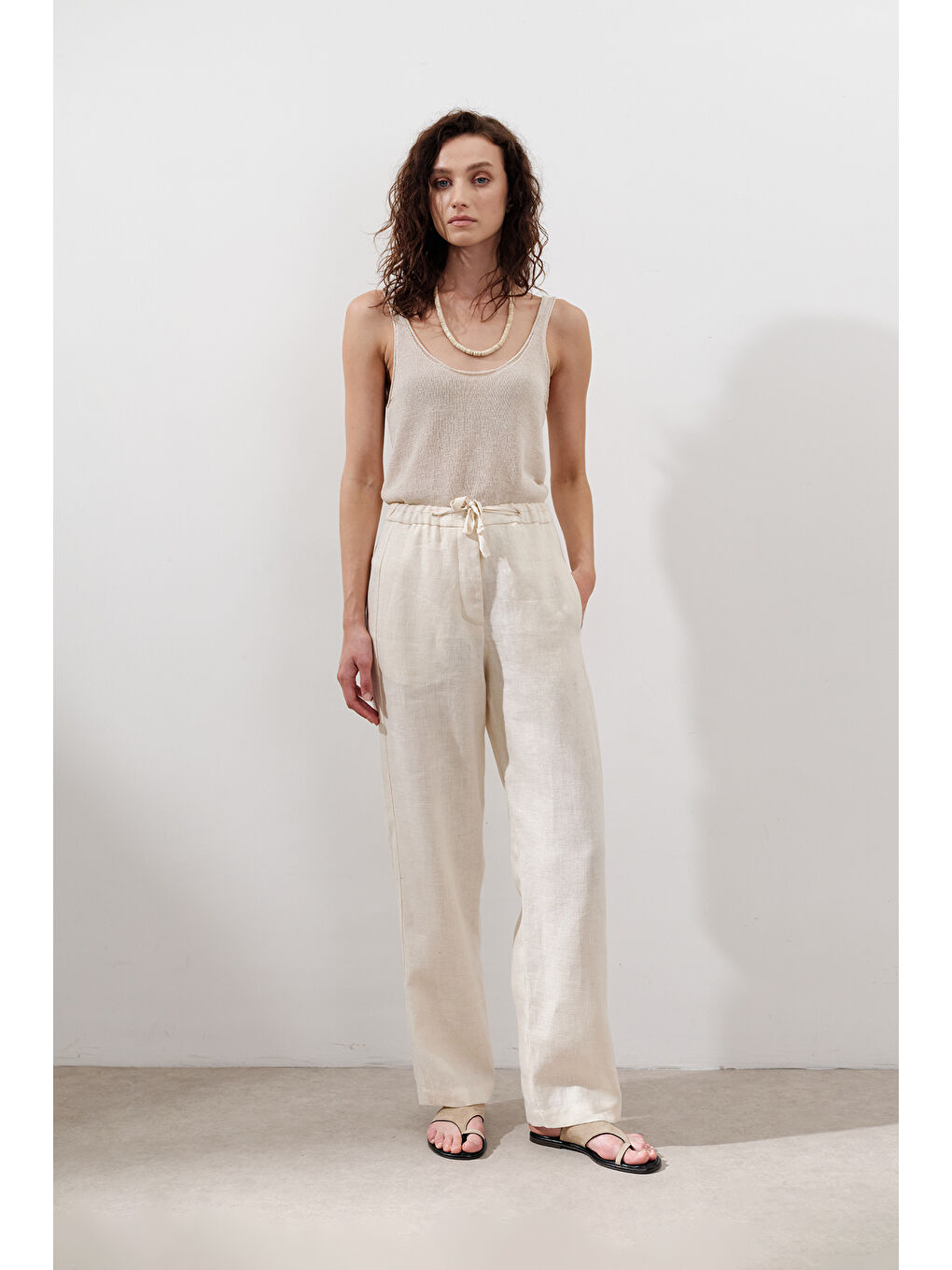 Bej Keten Barrel Pantolon Vanilya-4