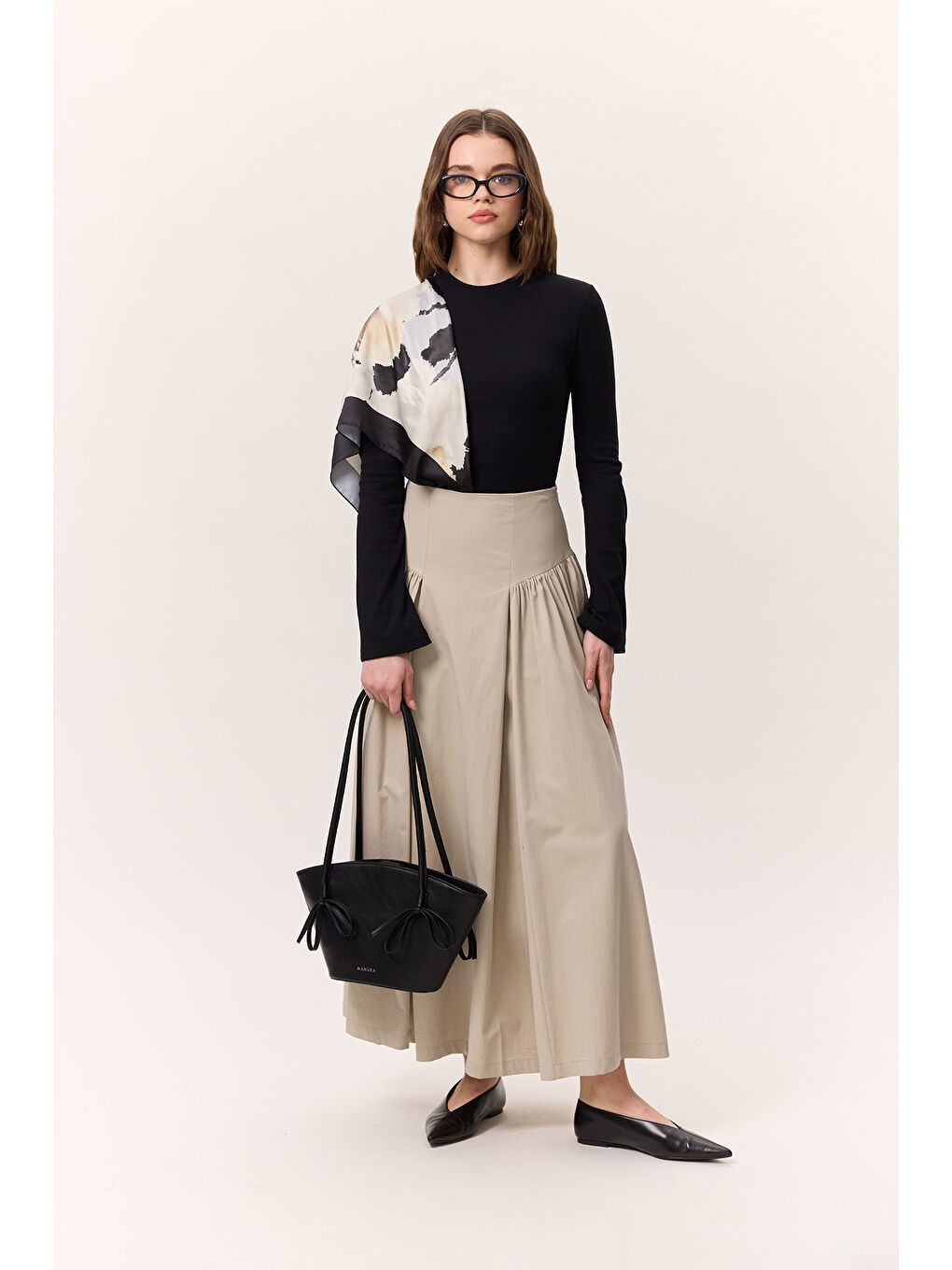 Bej Büzgülü Gabardin Etek Kum-1