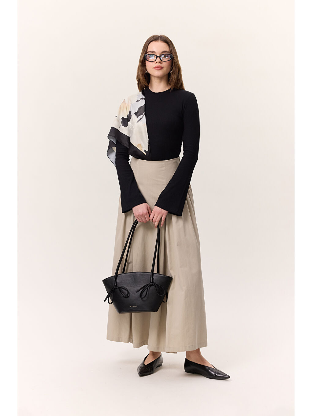 Bej Büzgülü Gabardin Etek Kum-2