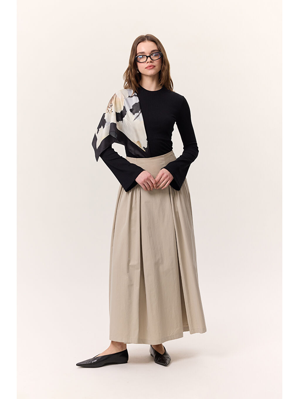 Bej Büzgülü Gabardin Etek Kum-4