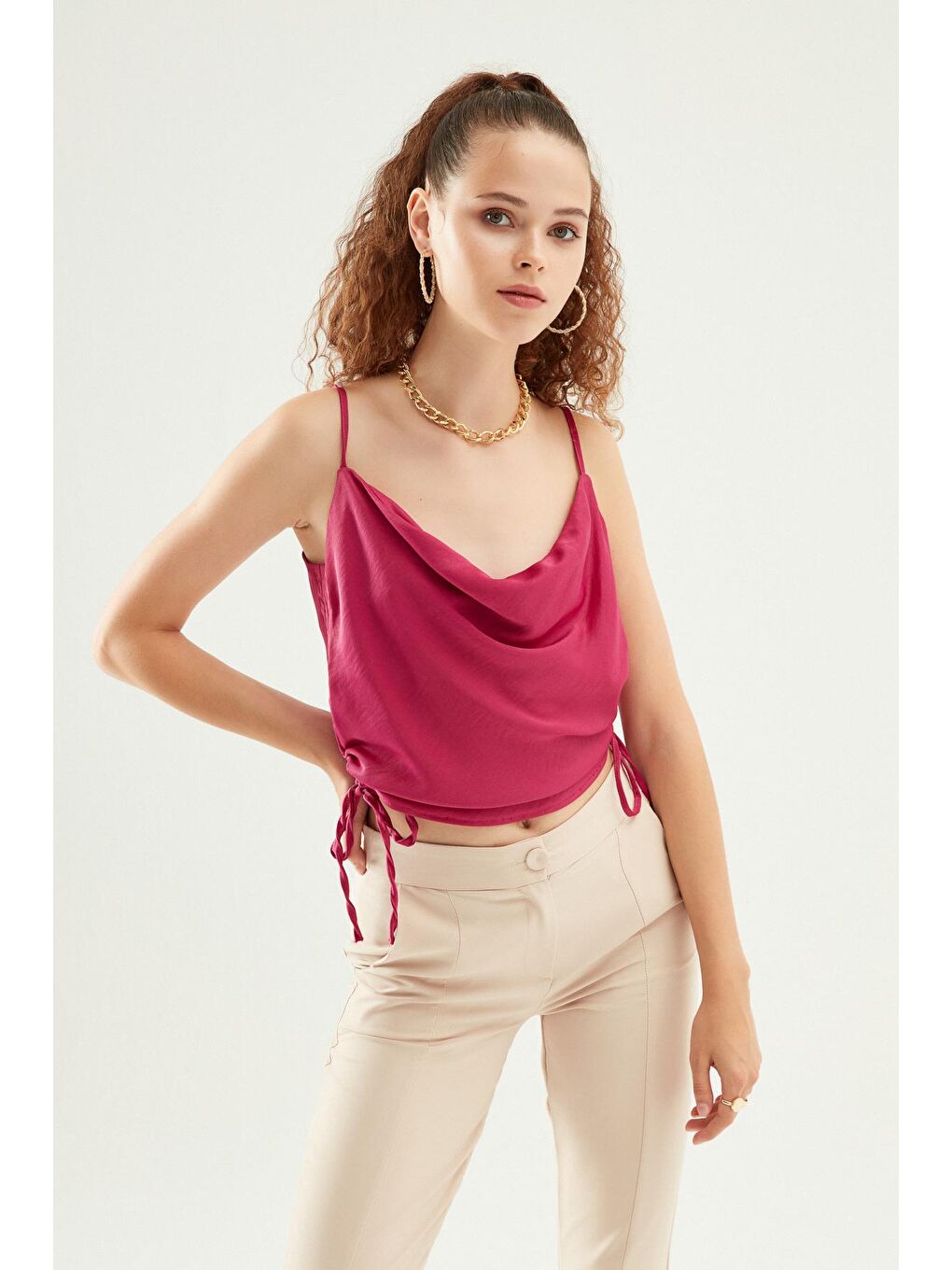 Fuşya Degaje Yaka Büzgülü Bluz Orkide