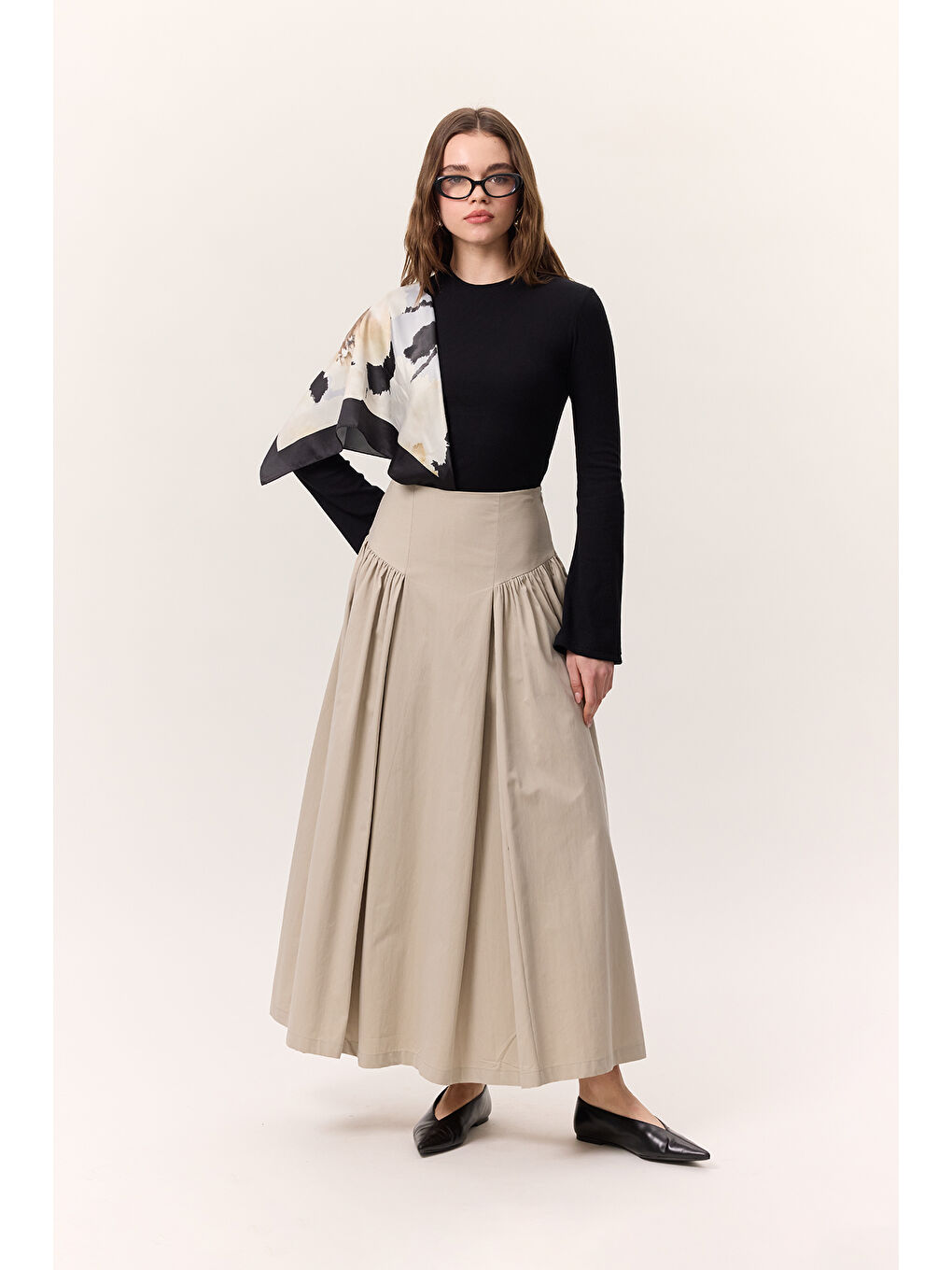 Bej Büzgülü Gabardin Etek Kum-5