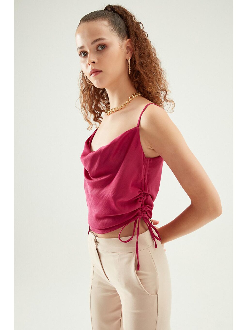 Fuşya Degaje Yaka Büzgülü Bluz Orkide-2