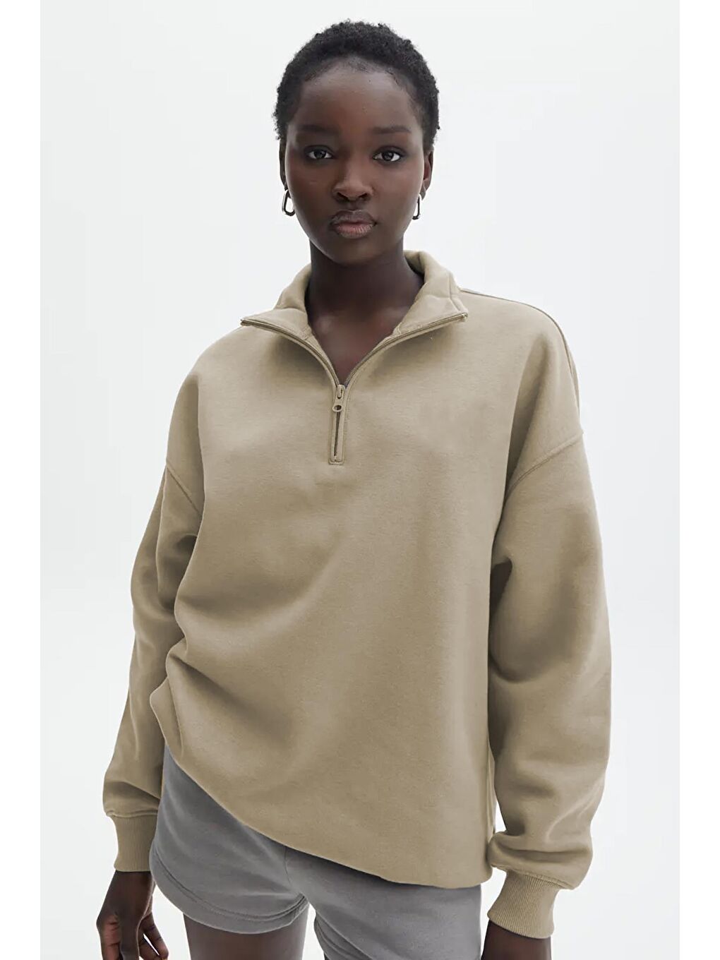 Madmext Bej Fermuar Detaylı Oversize Sweatshirt MG1933