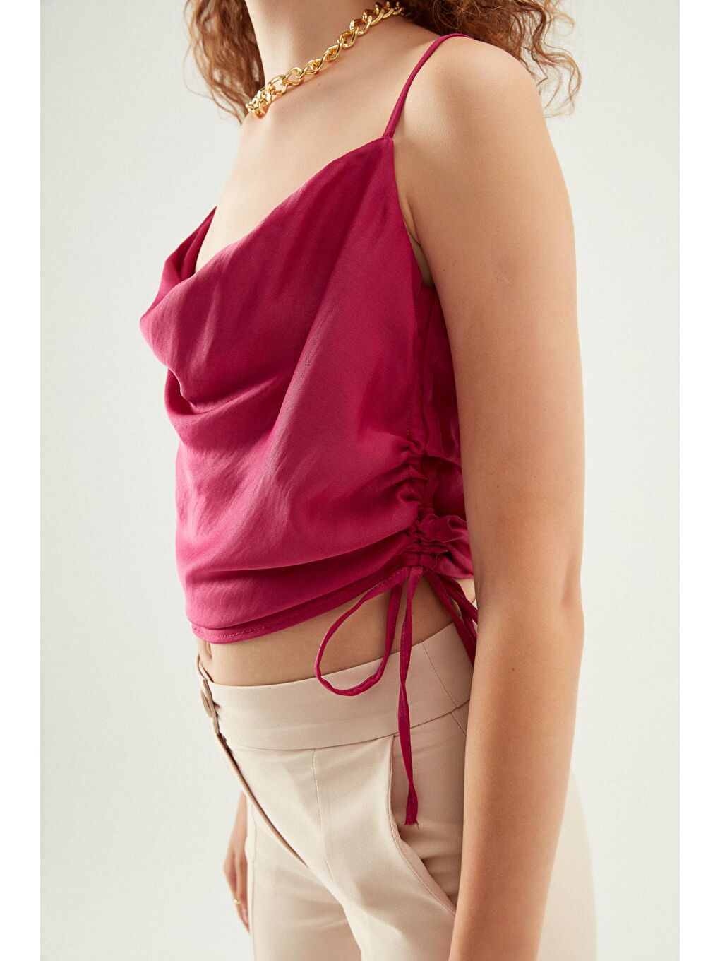Fuşya Degaje Yaka Büzgülü Bluz Orkide-3