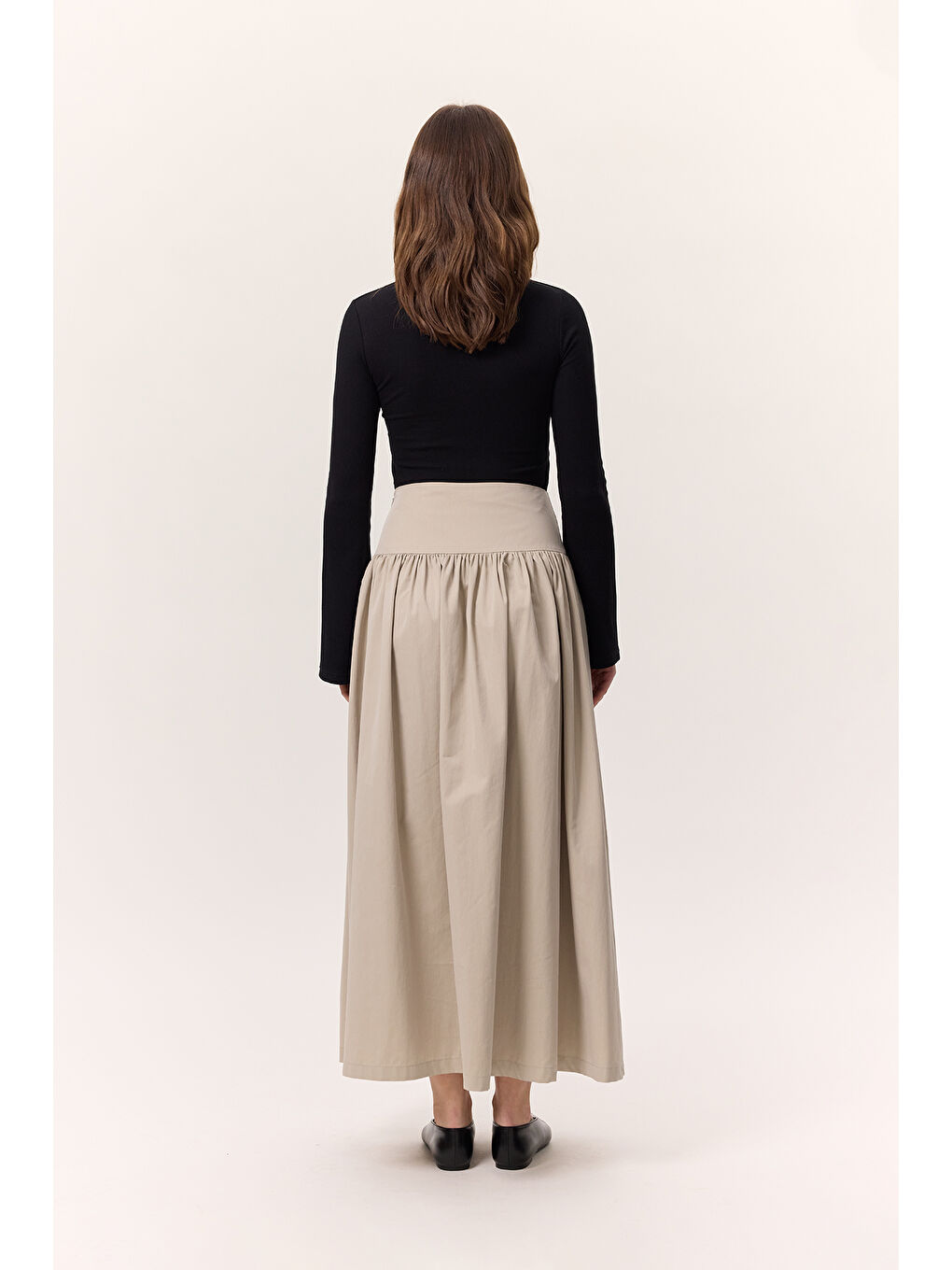 Bej Büzgülü Gabardin Etek Kum-7