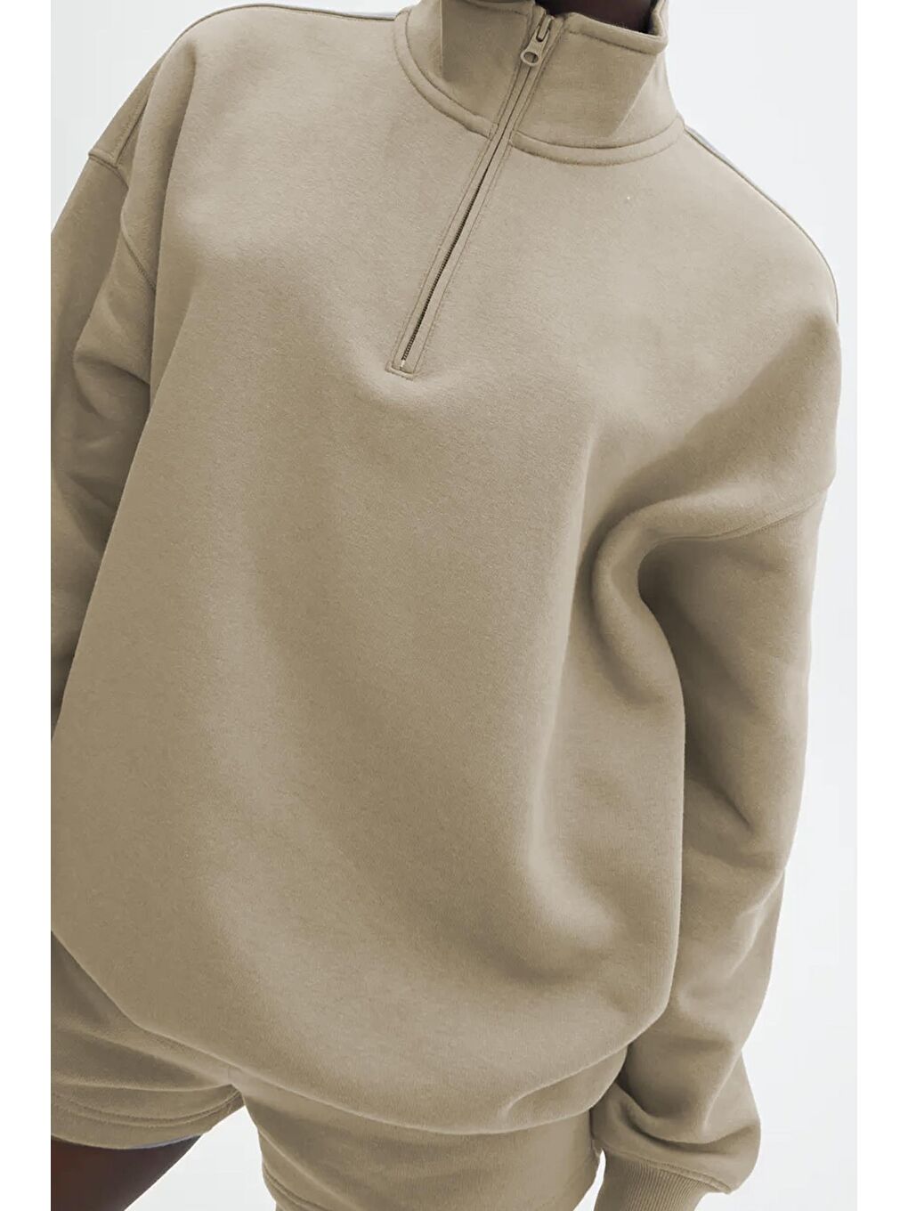 Madmext Bej Fermuar Detaylı Oversize Sweatshirt MG1933 - 2