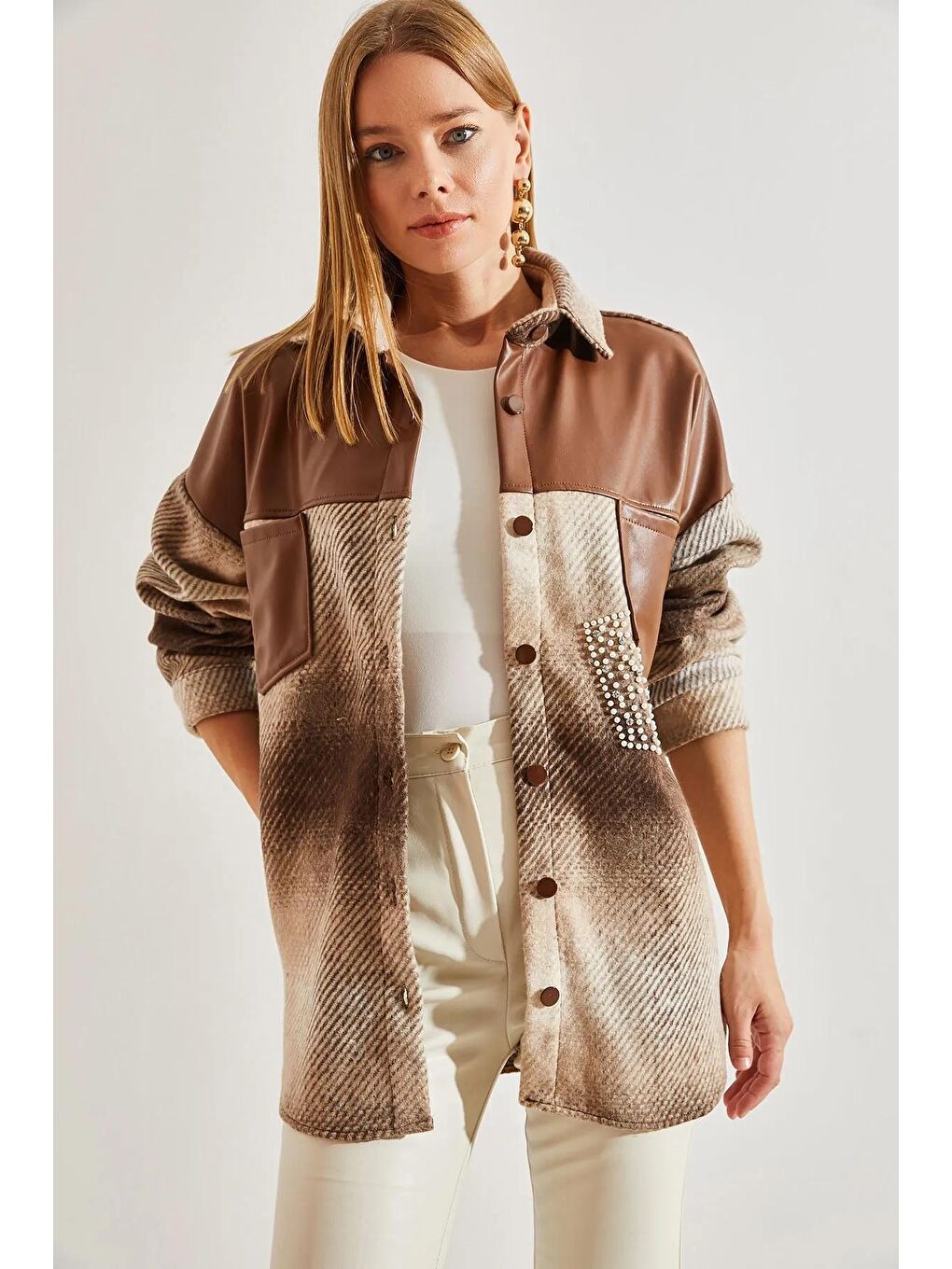 Kahverengi Kadın Deri ve Taş Detaylı Kaşe Ceket