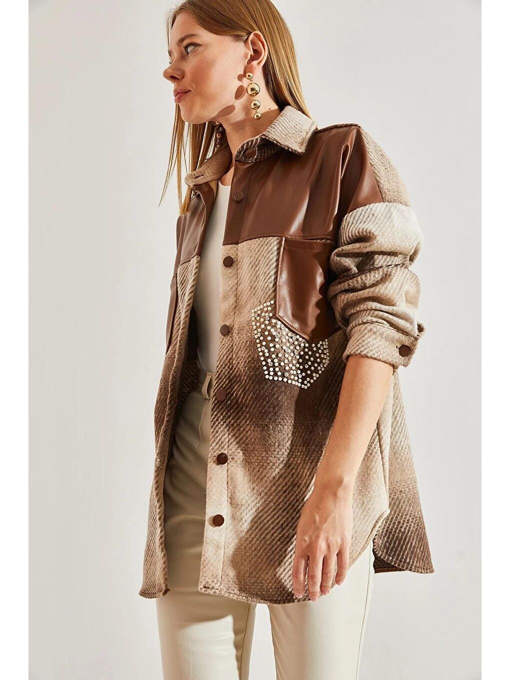 Kahverengi Kadın Deri ve Taş Detaylı Kaşe Ceket-1