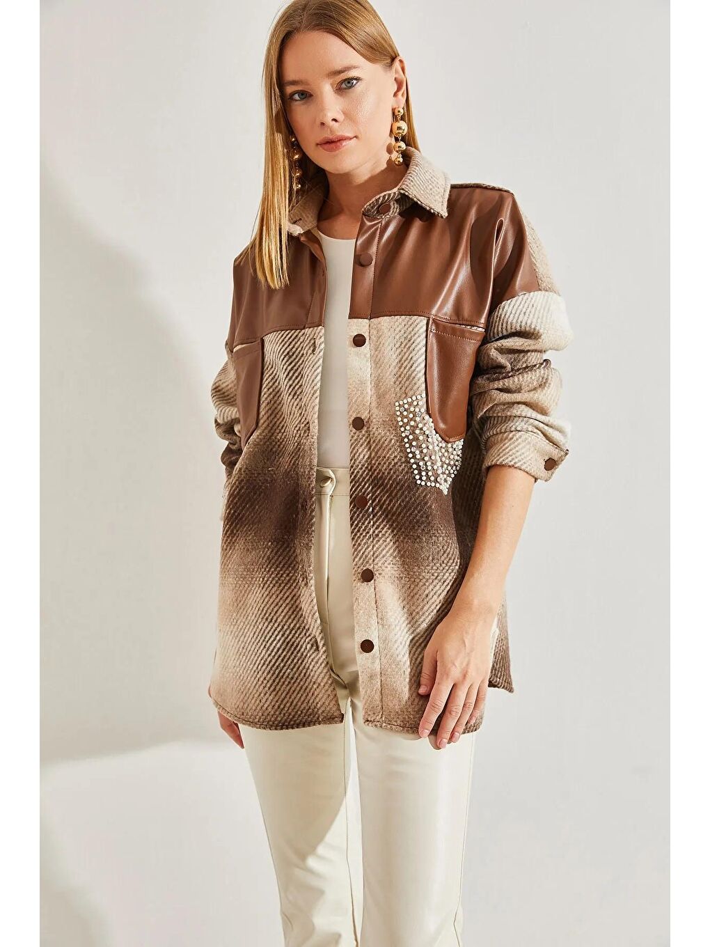 Kahverengi Kadın Deri ve Taş Detaylı Kaşe Ceket-2