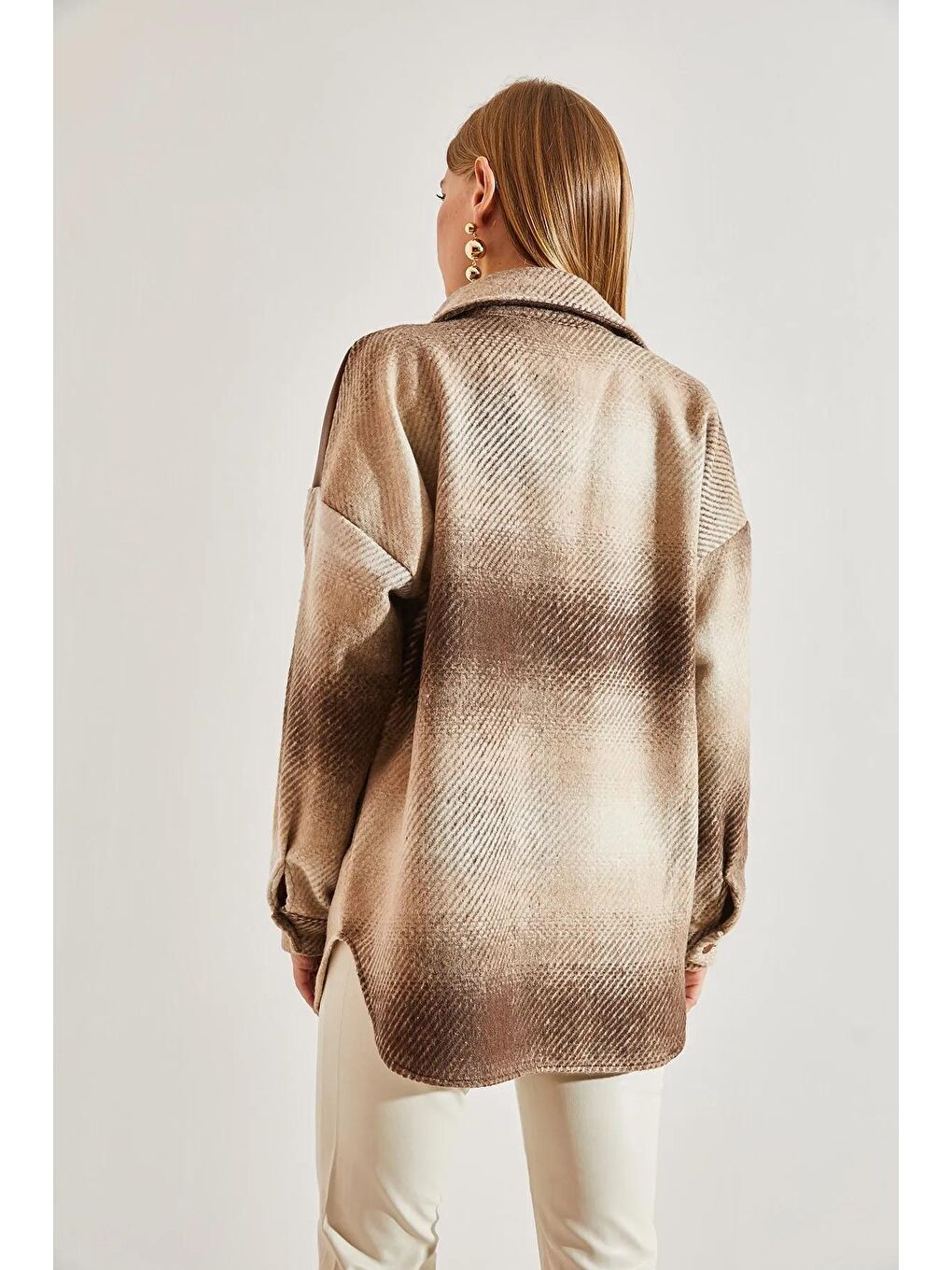 Kahverengi Kadın Deri ve Taş Detaylı Kaşe Ceket-3