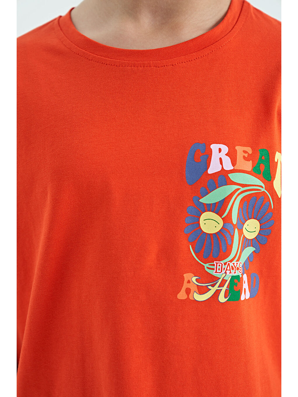 Turuncu Oranj Ön Arka Çok Renkli Baskılı Oversize Kısa Kollu Kız Çocuk Tişört - 75117-2