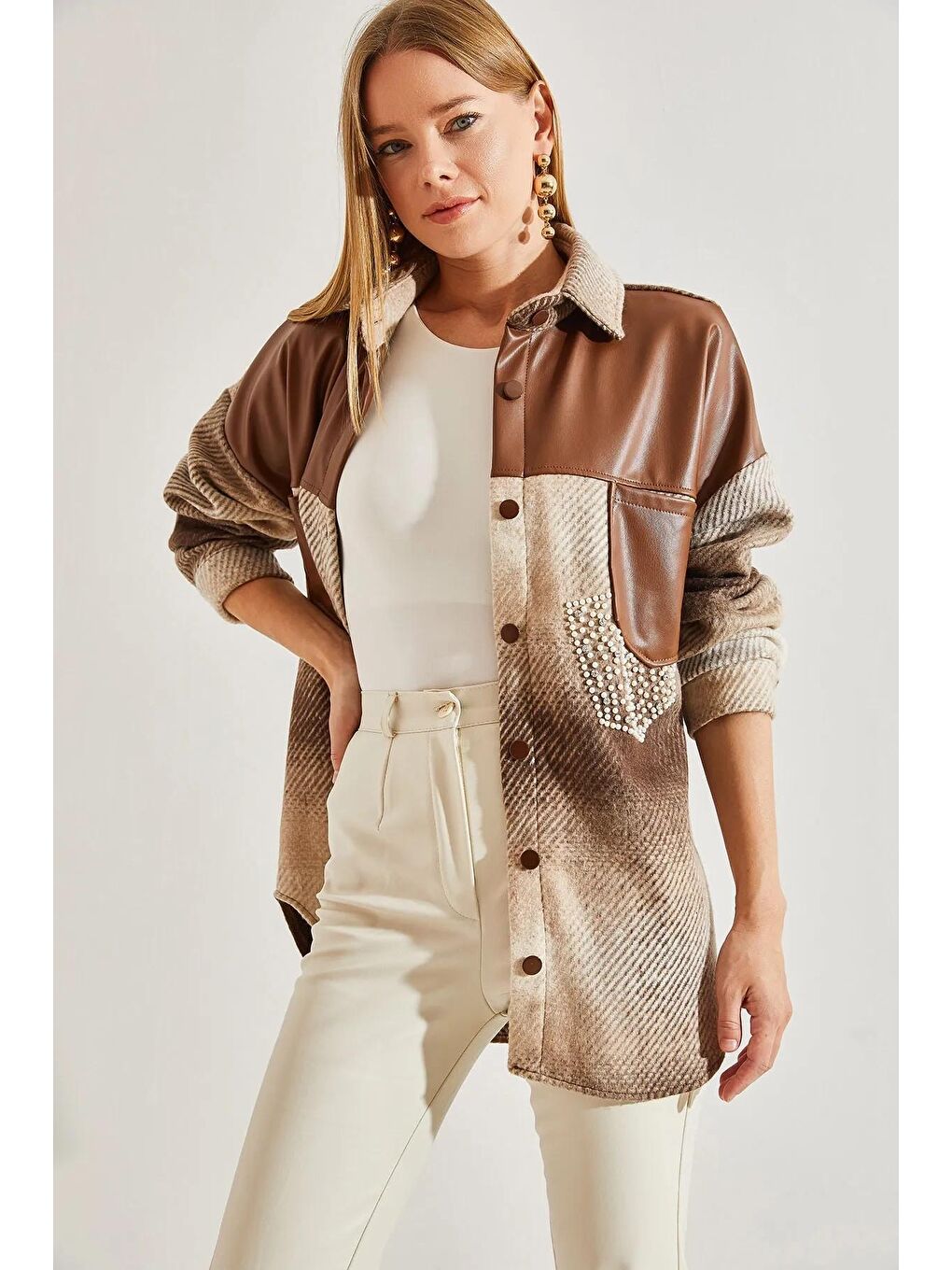 Kahverengi Kadın Deri ve Taş Detaylı Kaşe Ceket-4