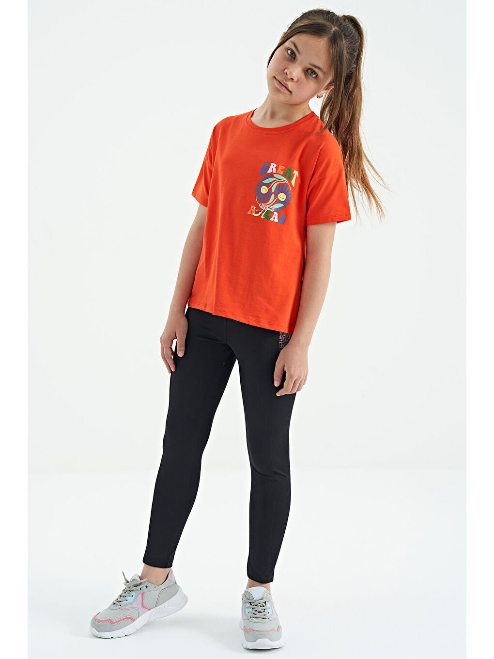 Turuncu Oranj Ön Arka Çok Renkli Baskılı Oversize Kısa Kollu Kız Çocuk Tişört - 75117-3