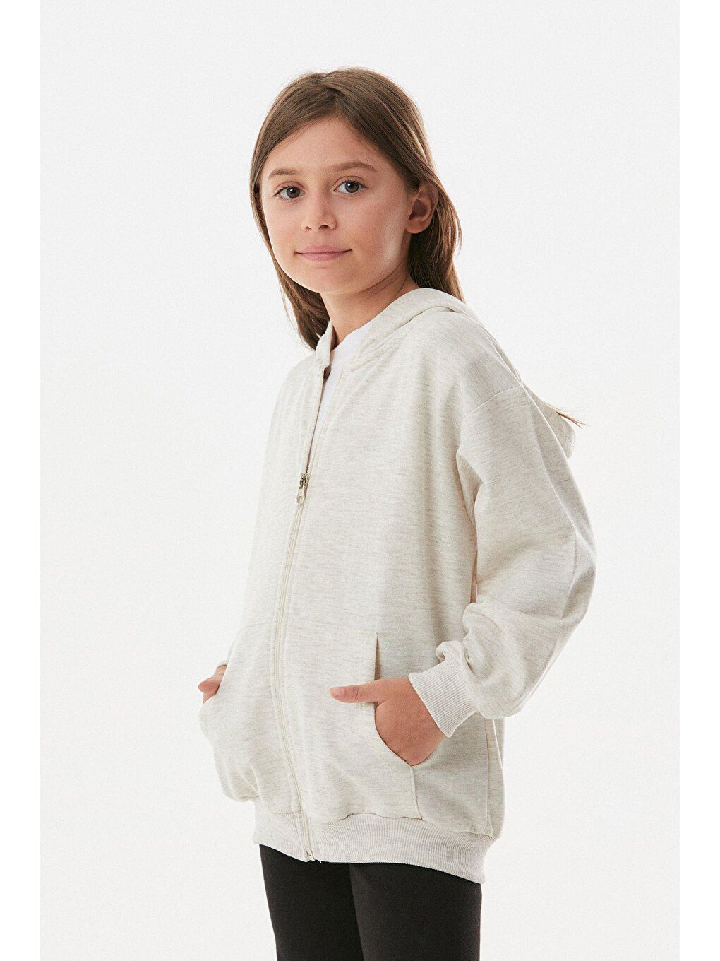 Bej Basic Fermuarlı Unisex Çocuk Sweatshirt-2