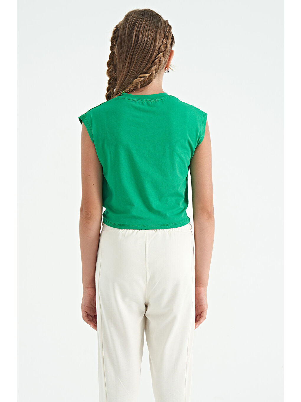 Yeşil Kalp Baskılı Ön Düğüm Detaylı Rahat Form Kız Çocuk Tişört - 75114-4