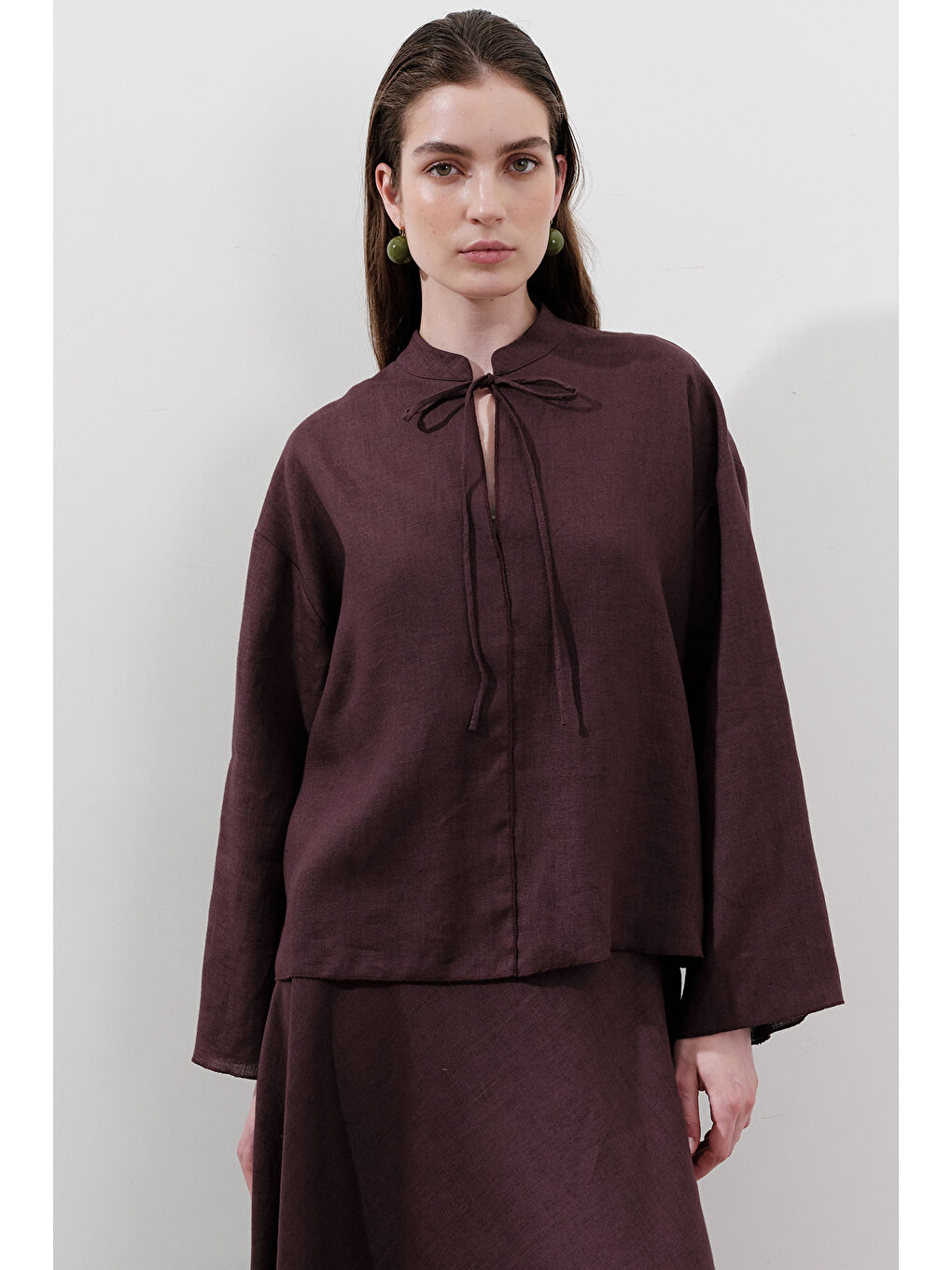 Keten Bağlamalı Bluz Mürdüm