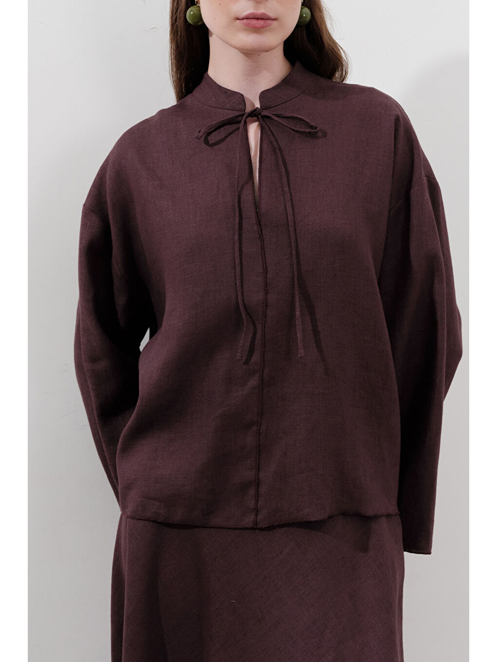 Keten Bağlamalı Bluz Mürdüm-3