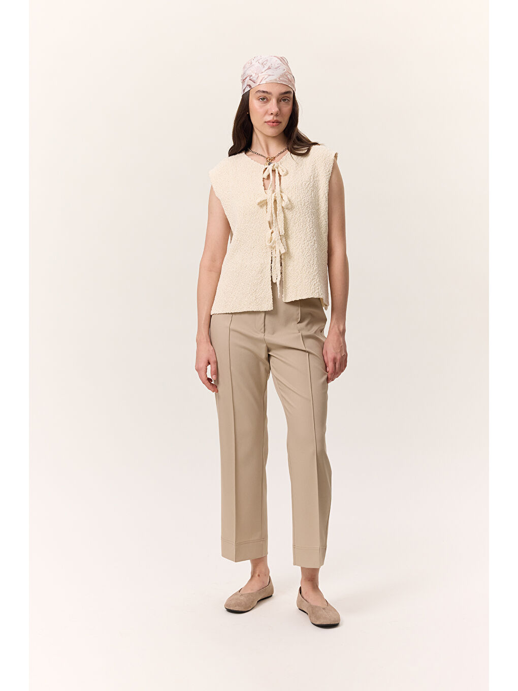 Bej Çima Dikişli Kumaş Pantolon Taş-2