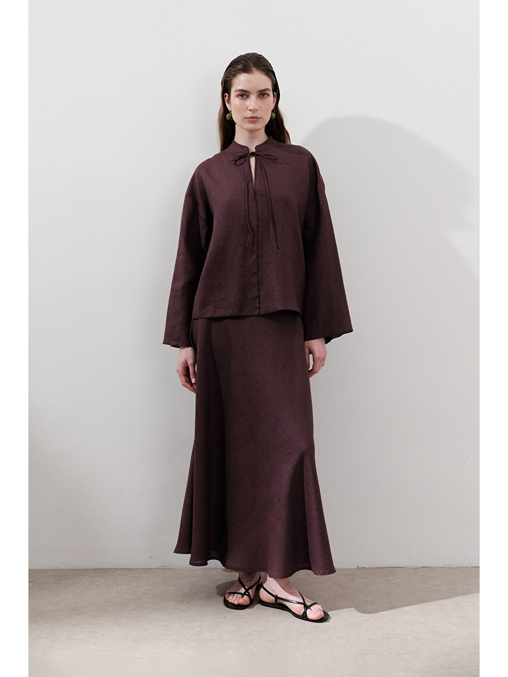 Keten Bağlamalı Bluz Mürdüm-5