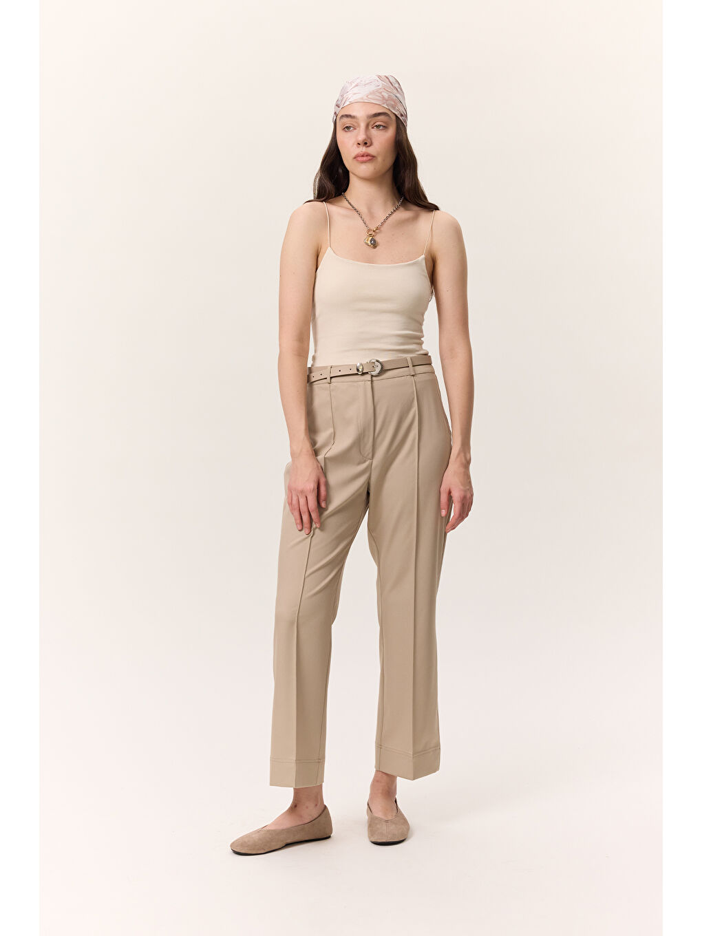 Bej Çima Dikişli Kumaş Pantolon Taş-3