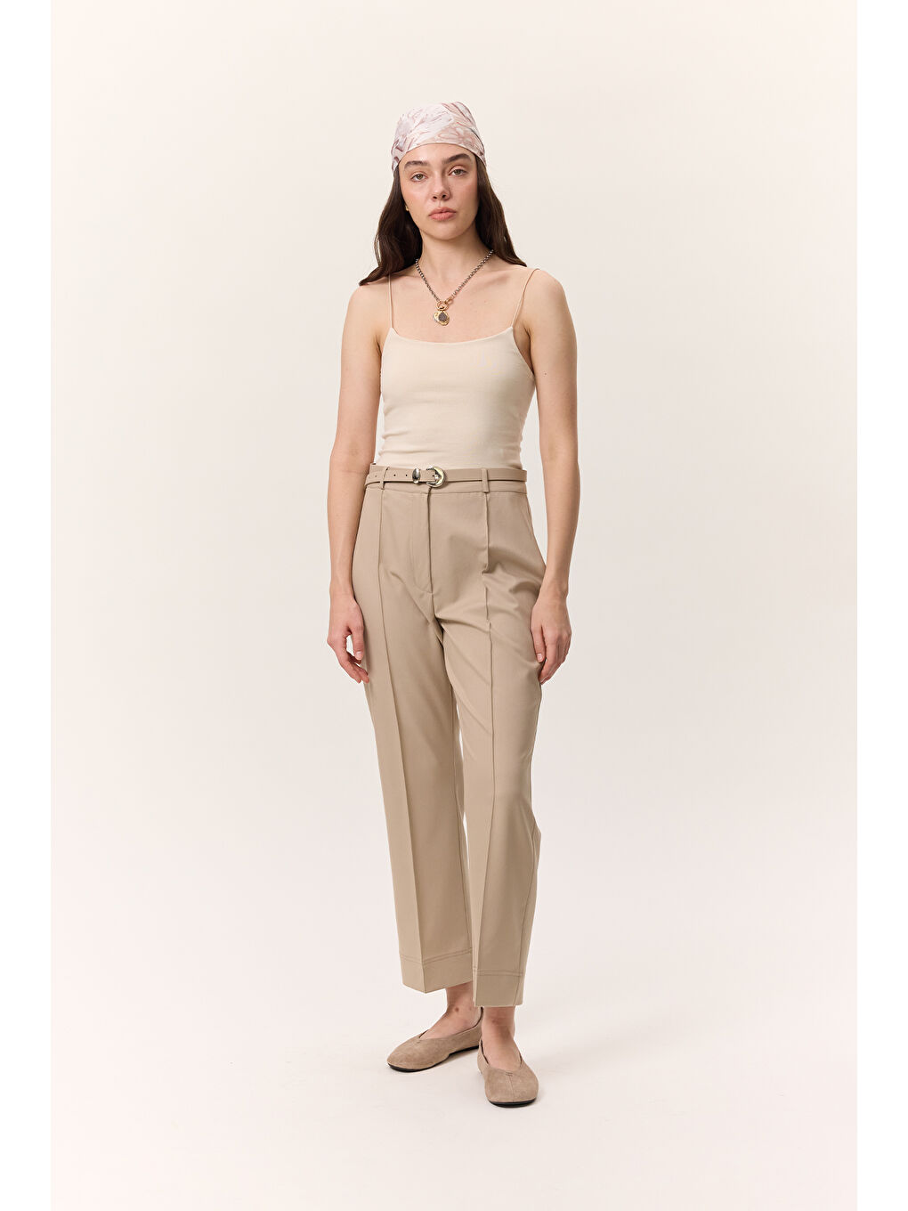 Bej Çima Dikişli Kumaş Pantolon Taş-4