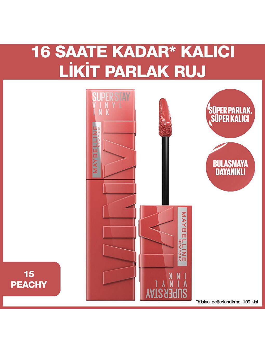 MAYBELLINE NEWYORK Nude Super Stay Vinyl Ink Uzun Süre Kalıcı Likit Parlak Ruj 15 Peachy