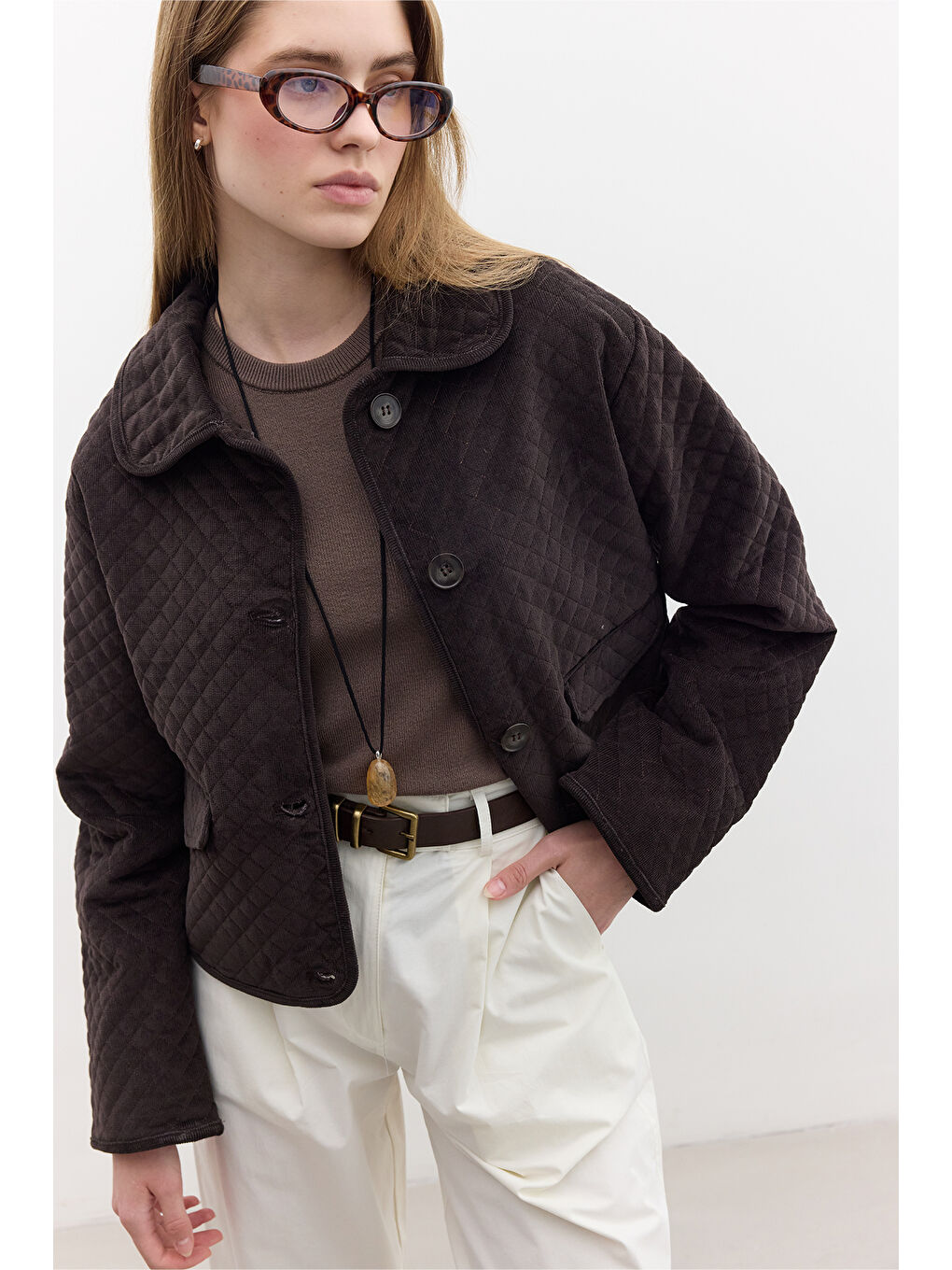 Kapitone Kadife Ceket Kahverengi